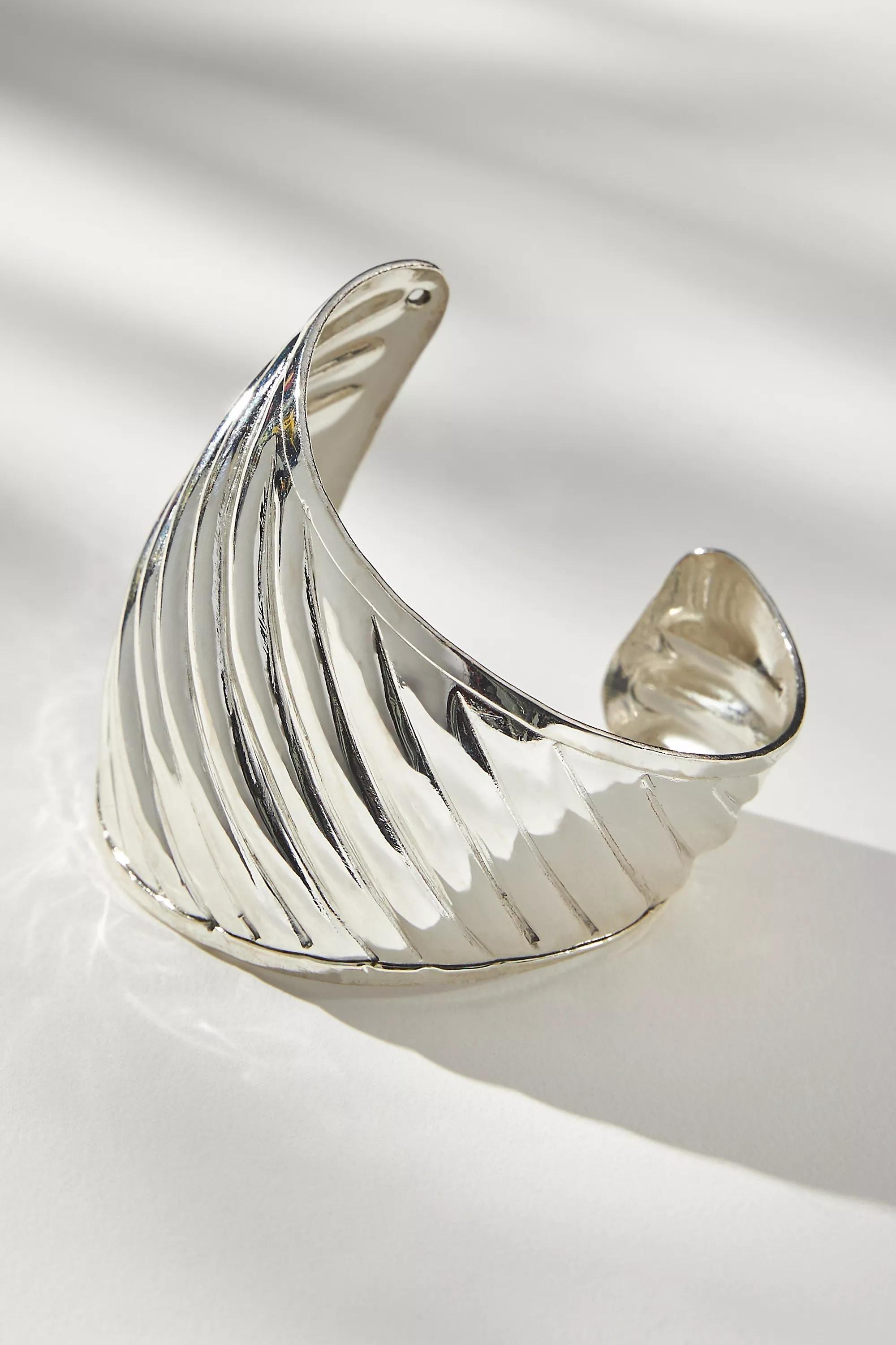 14K Gold-Plated Asymmetrical Ribbed Bracelet, Silver, , medium