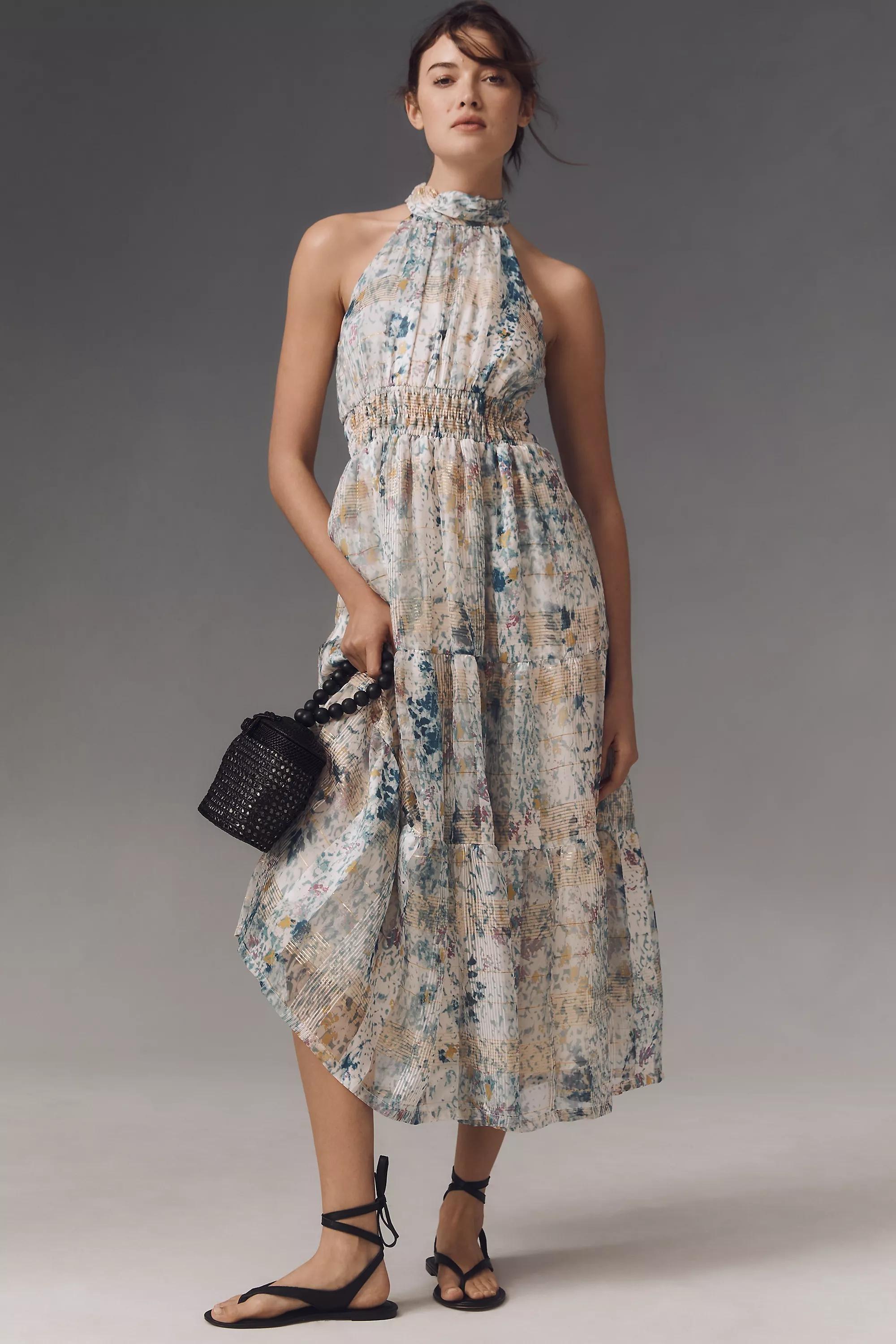 Anthropologie Floral Milkmaid Maxi Dress, Blue, , large image number 0