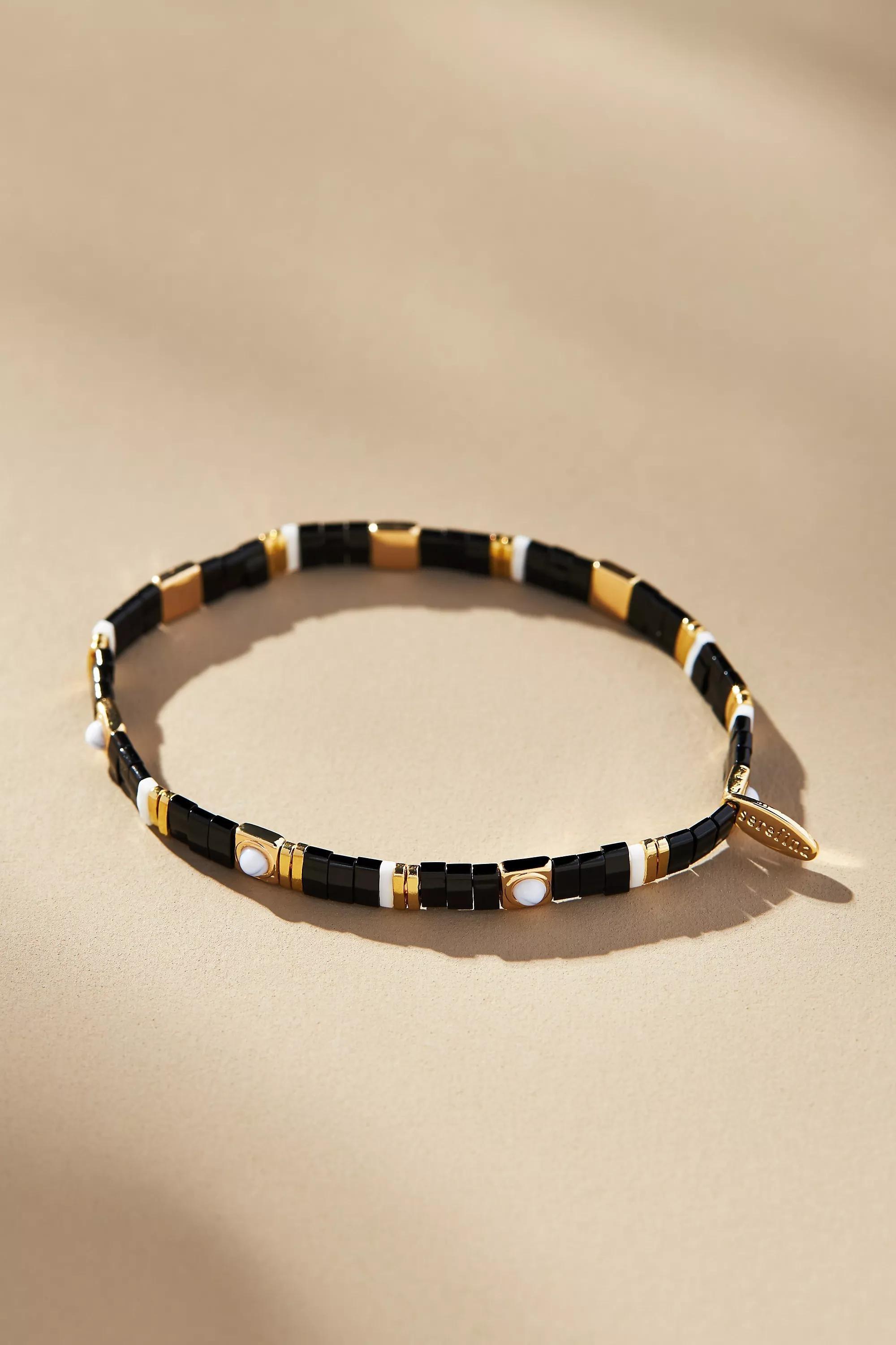 14K Gold-Plated Beaded Chicklet Bracelet, Black, , medium