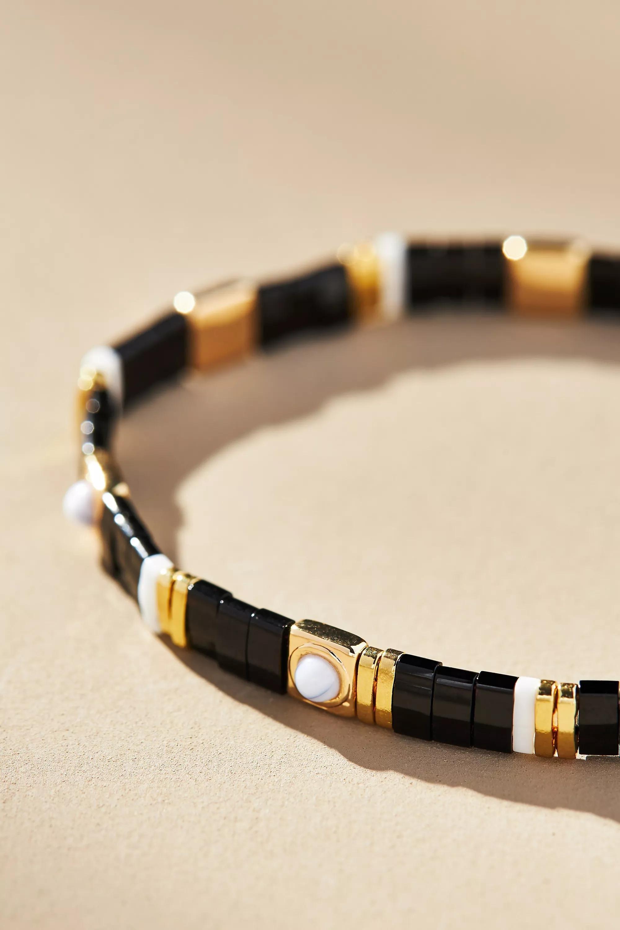 14K Gold-Plated Beaded Chicklet Bracelet, Black, A501_0001, large image number 1