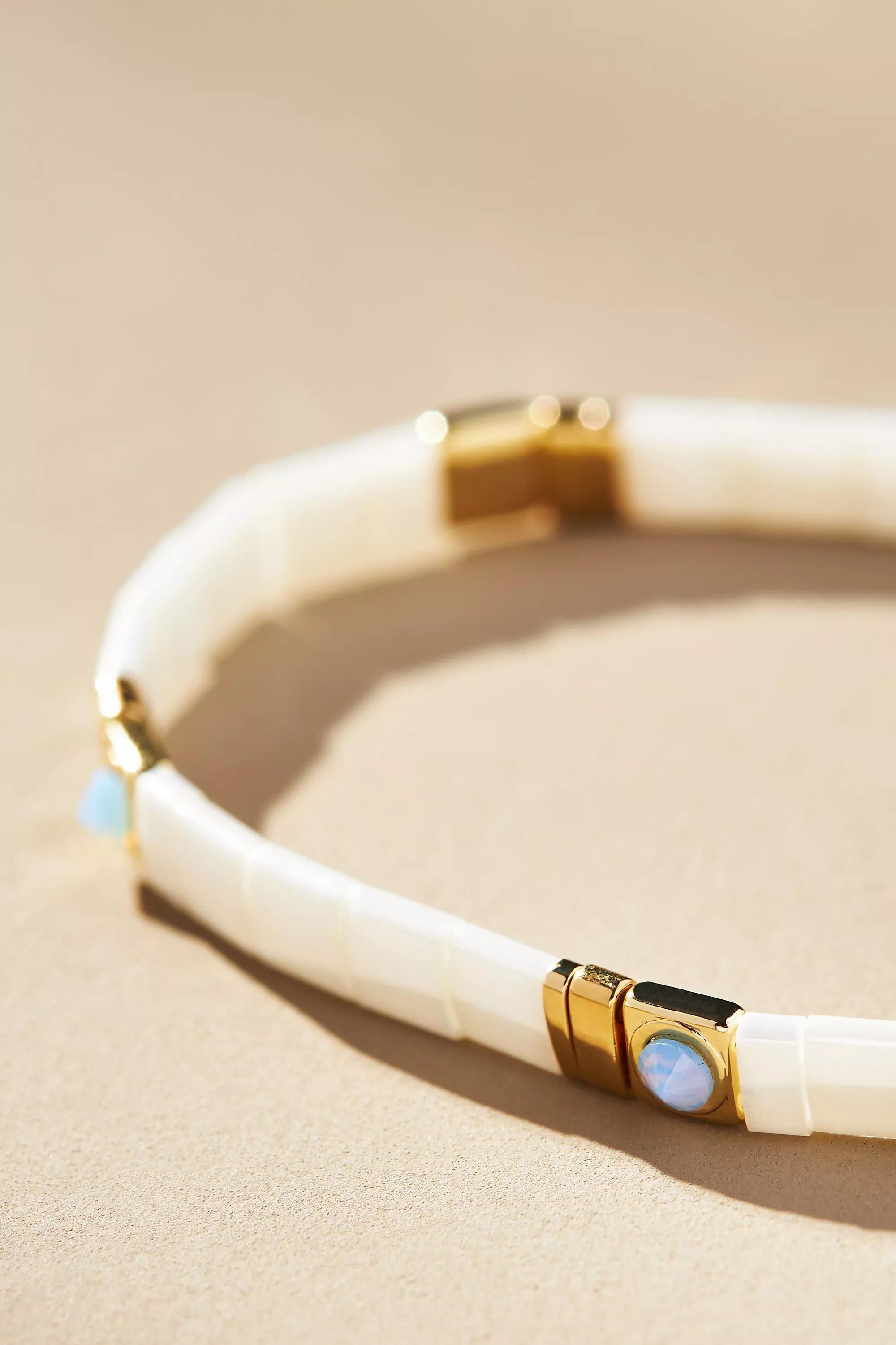 14k Gold-Plated Beaded Chicklet Bracelet, White, A501_0010, large image number 1