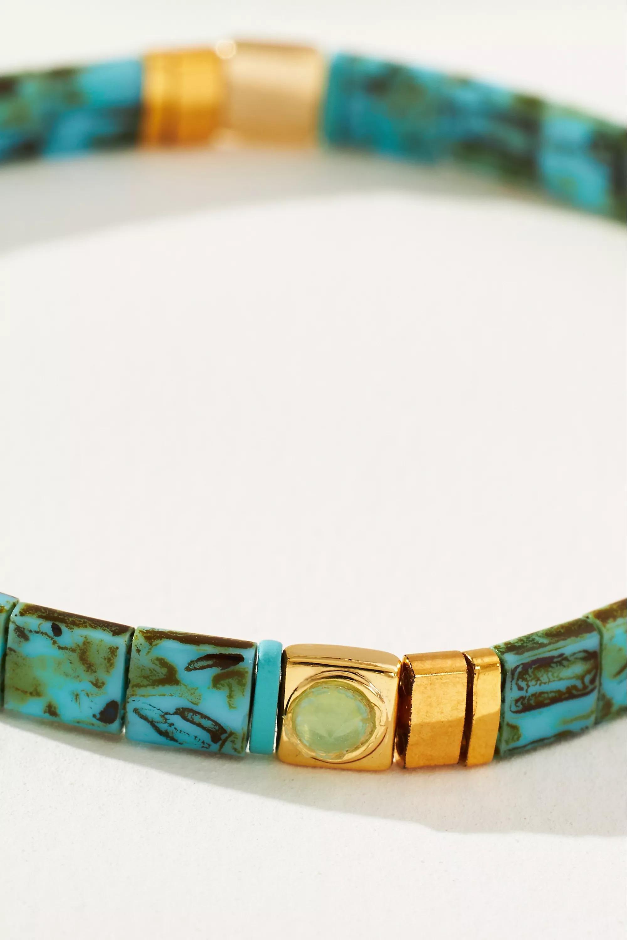 14k Gold-Plated Beaded Chicklet Bracelet, Blue, A501_0046, large image number 1
