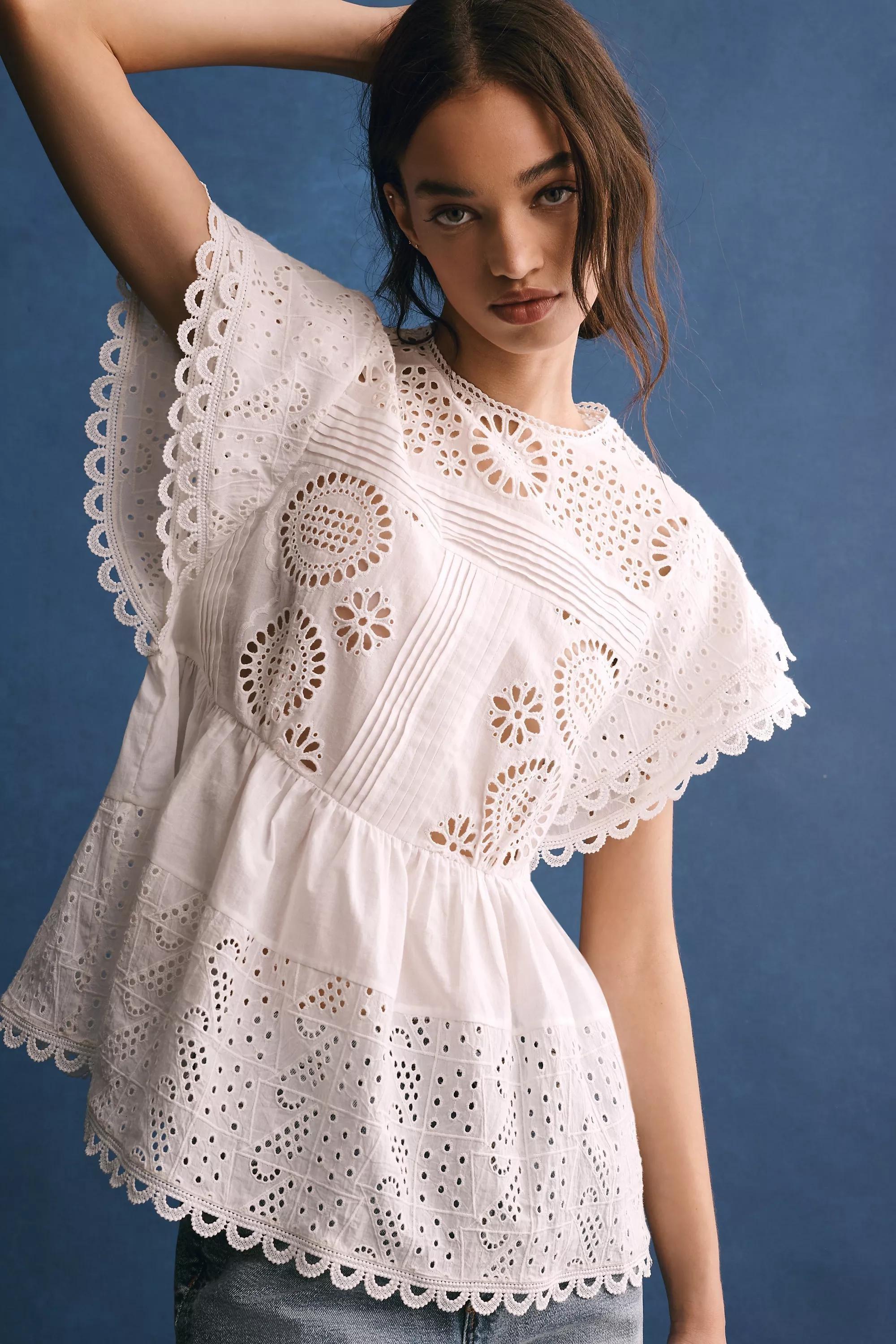 Forever That Girl Flutter-Sleeve Eyelet Tunic Top, White, , medium