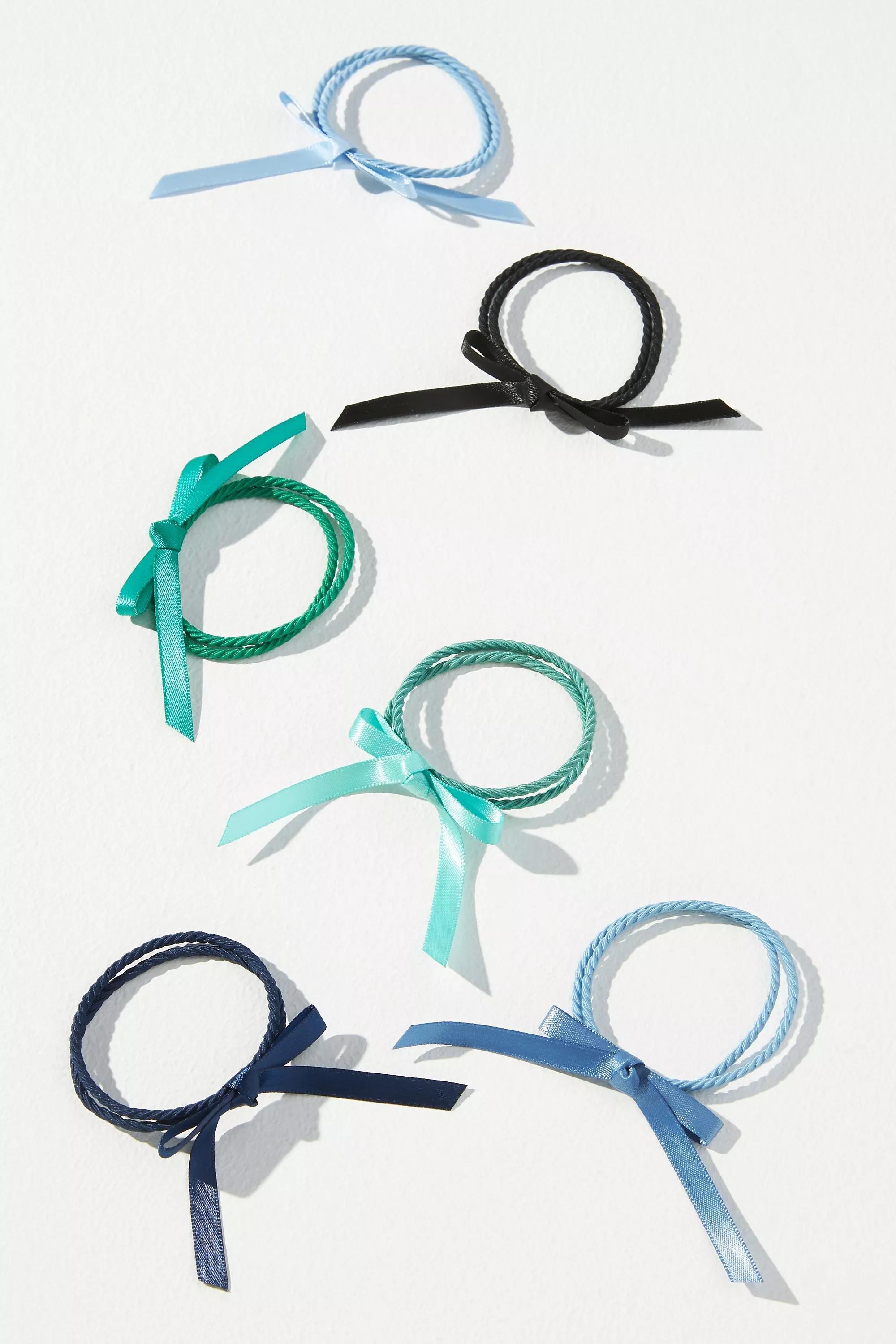 Satin Bow Hair Bobbles, Set Of 6, Blue, A501_0040, large image number 0