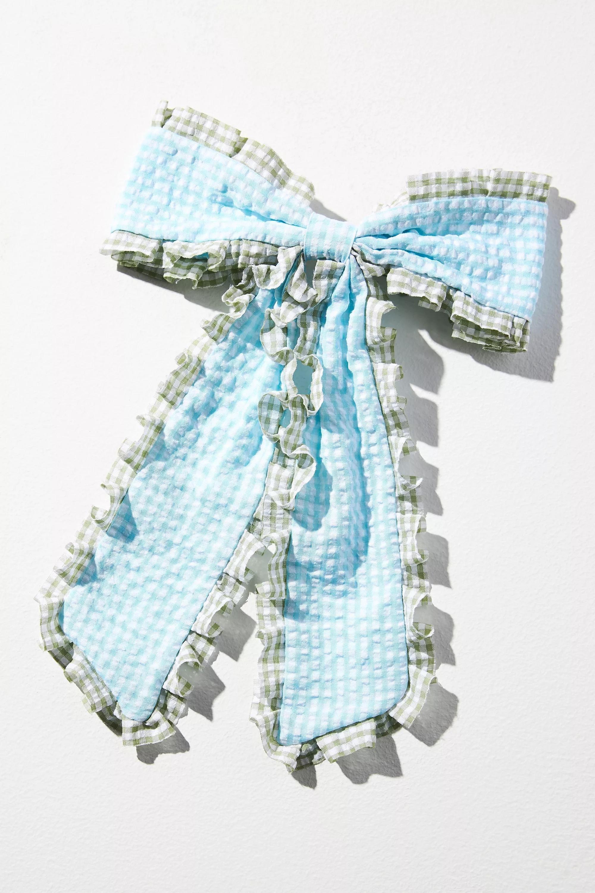 Gingham Ruffle Bow Barrette Hair Clip, Blue, A501_0045, large image number 1