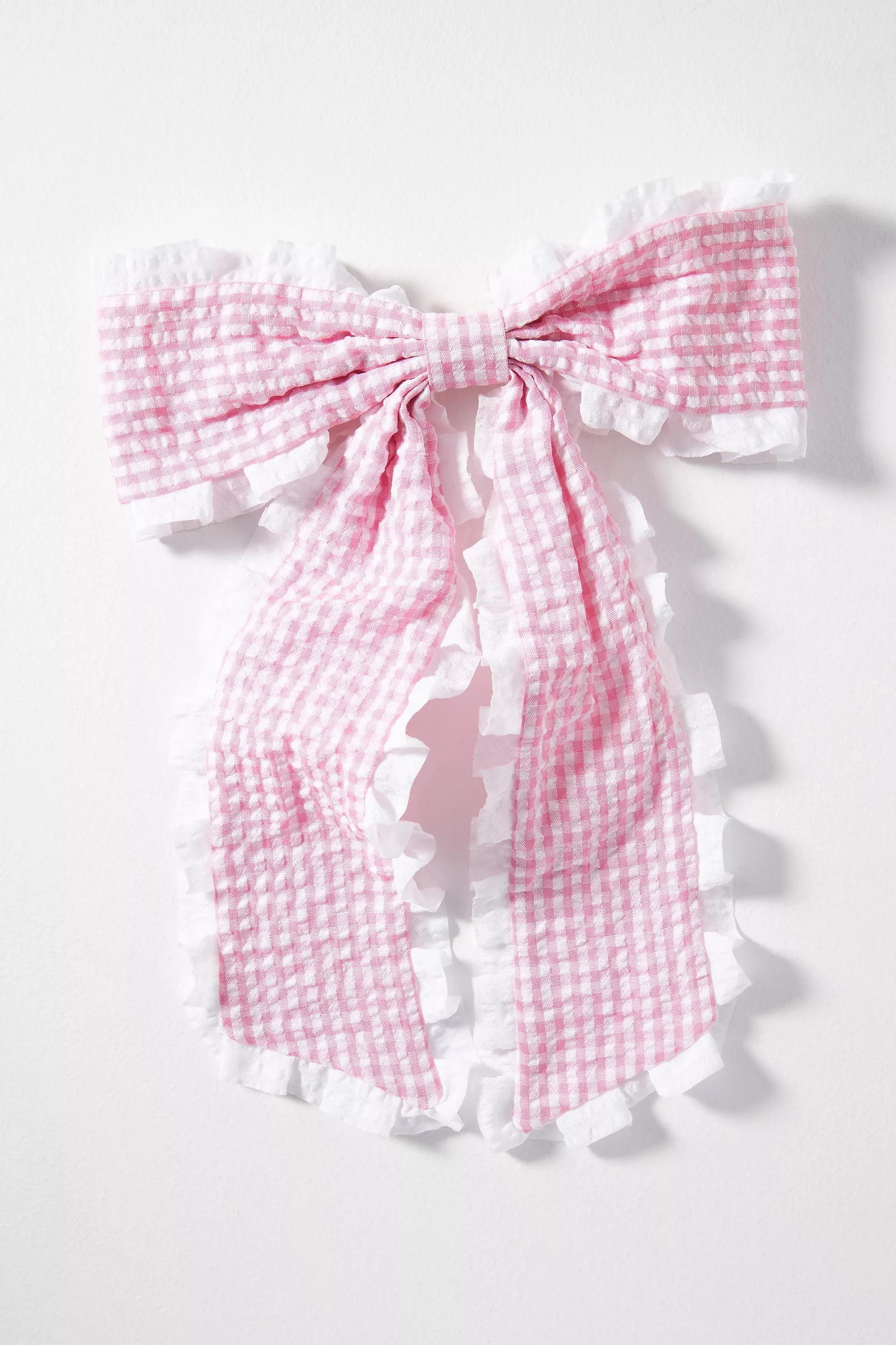 Gingham Ruffle Bow Barrette Hair Clip, Orange, A501_0067, large image number 0