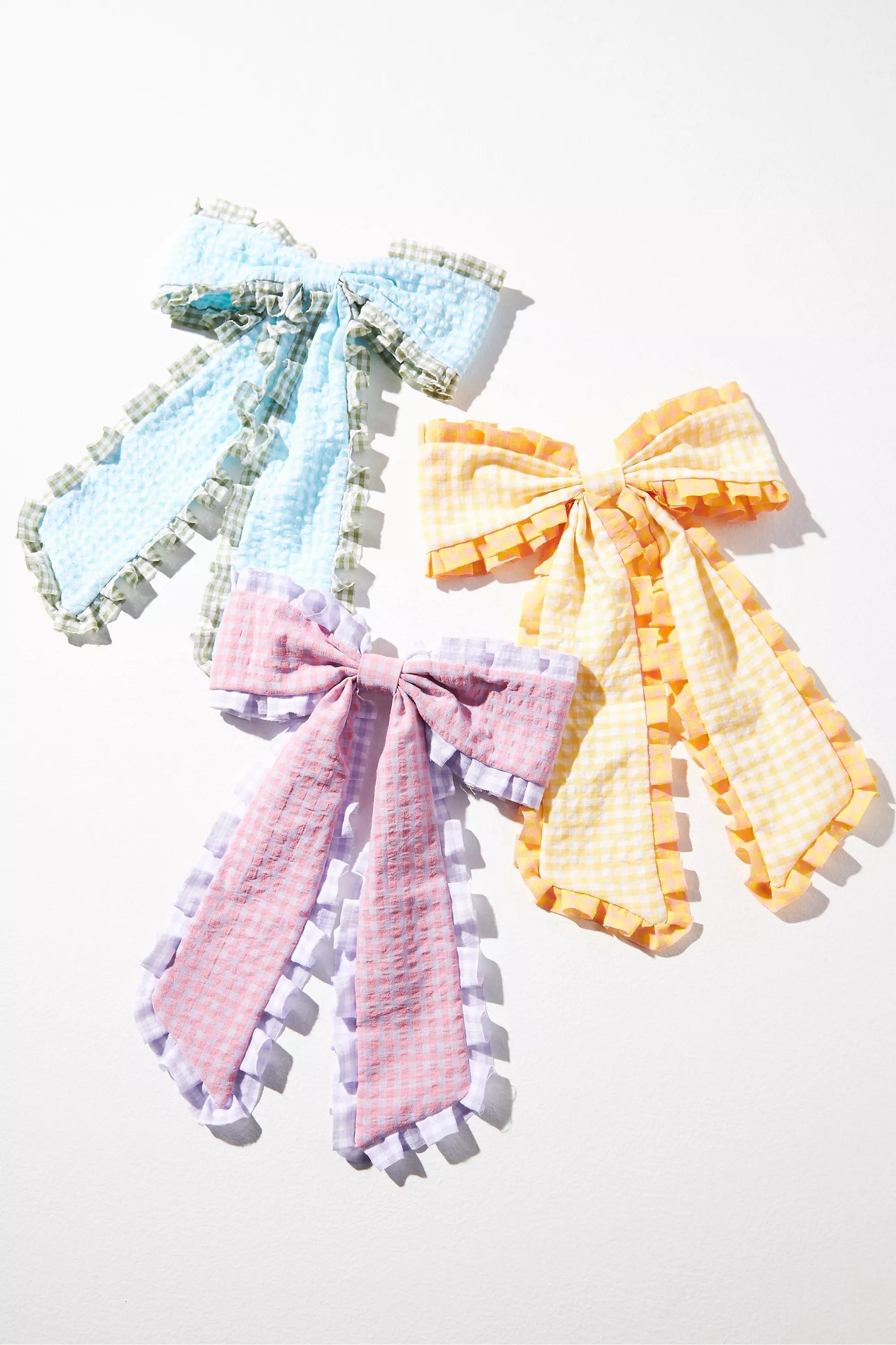 Gingham Ruffle Bow Barrette Hair Clip, Yellow, A501_0072, large image number 0