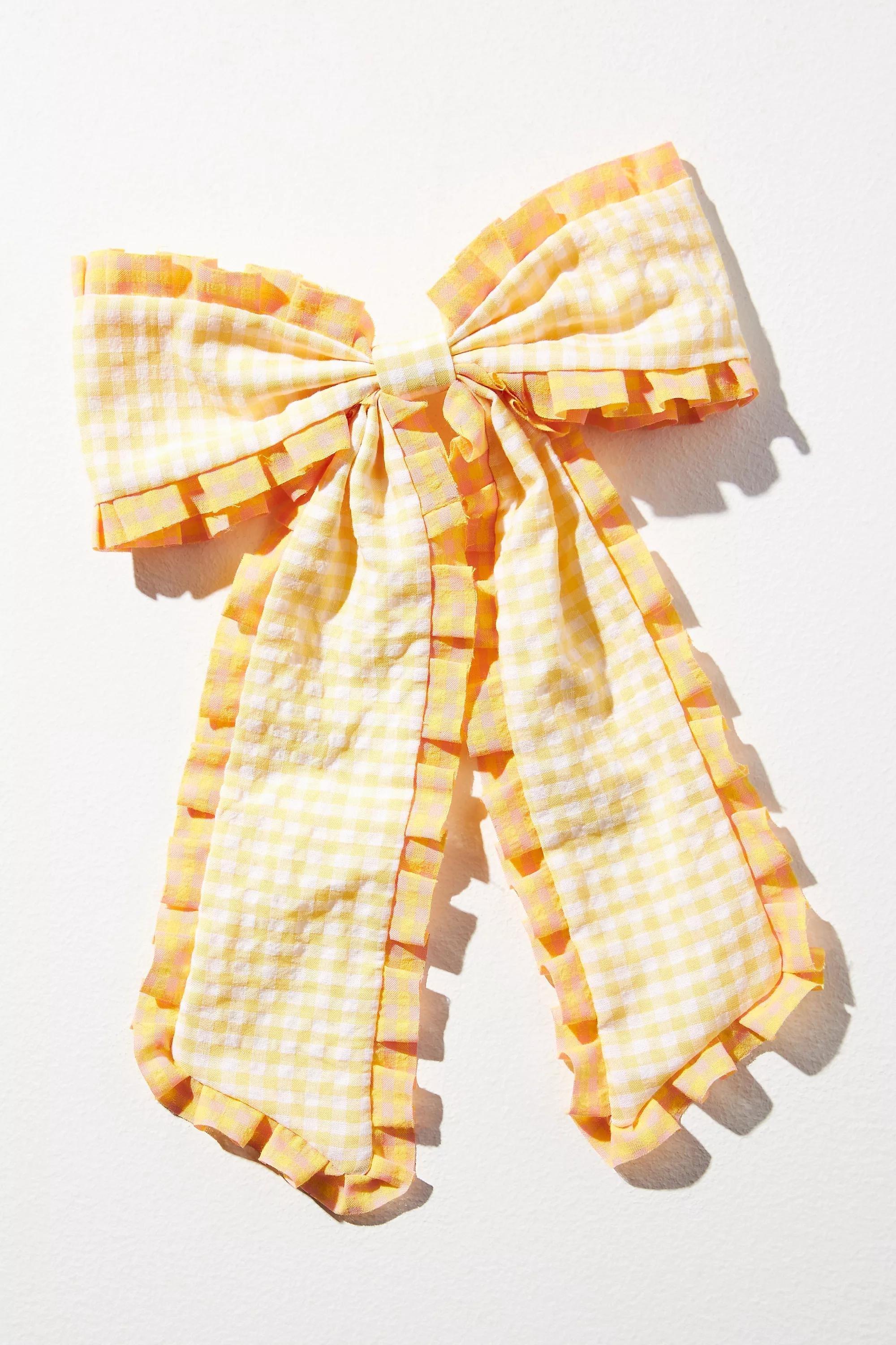 Gingham Ruffle Bow Barrette Hair Clip, Yellow, A501_0072, large image number 1