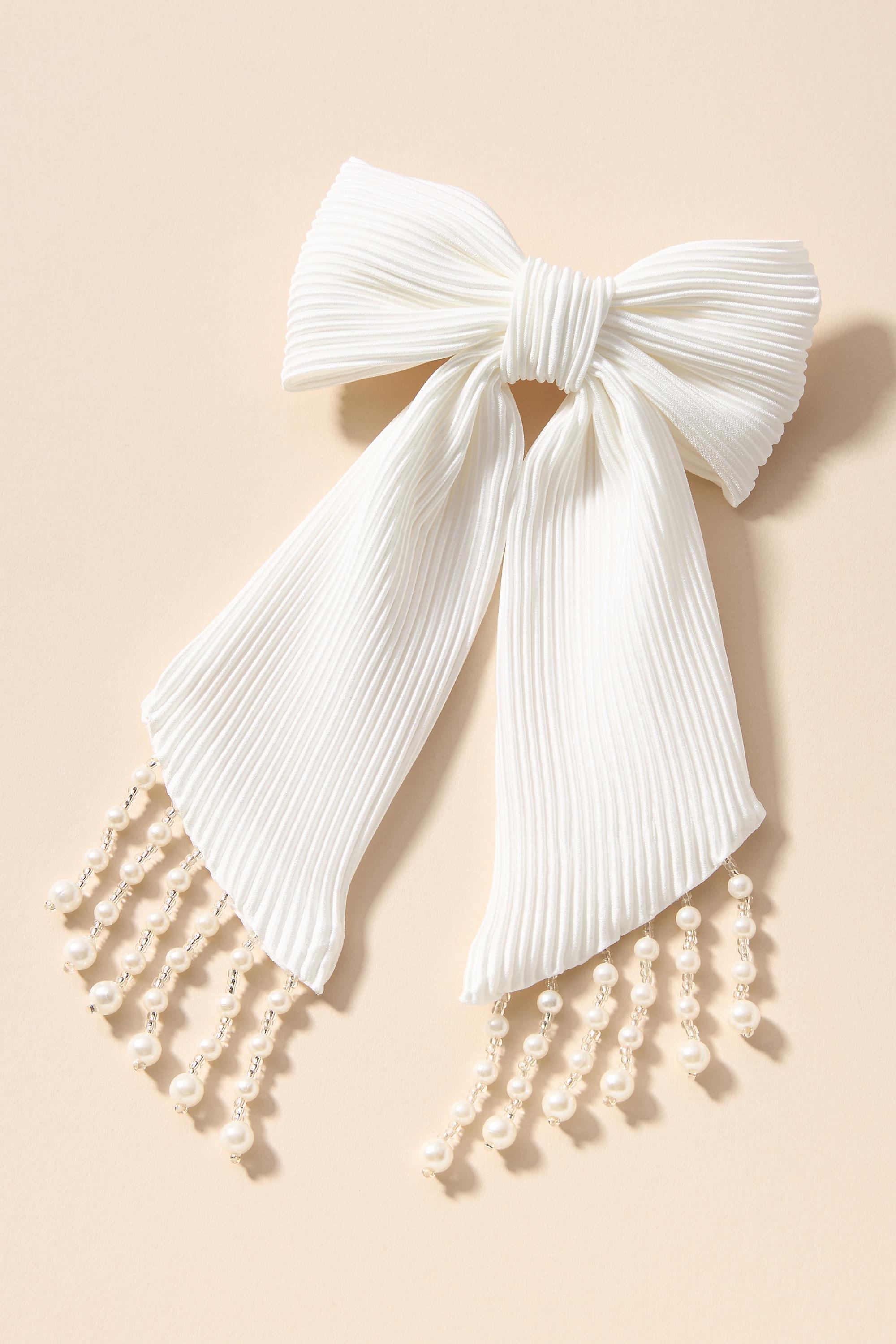 Pearl Fringe Pleated Hair Bow, White, A501_0010, large image number 0