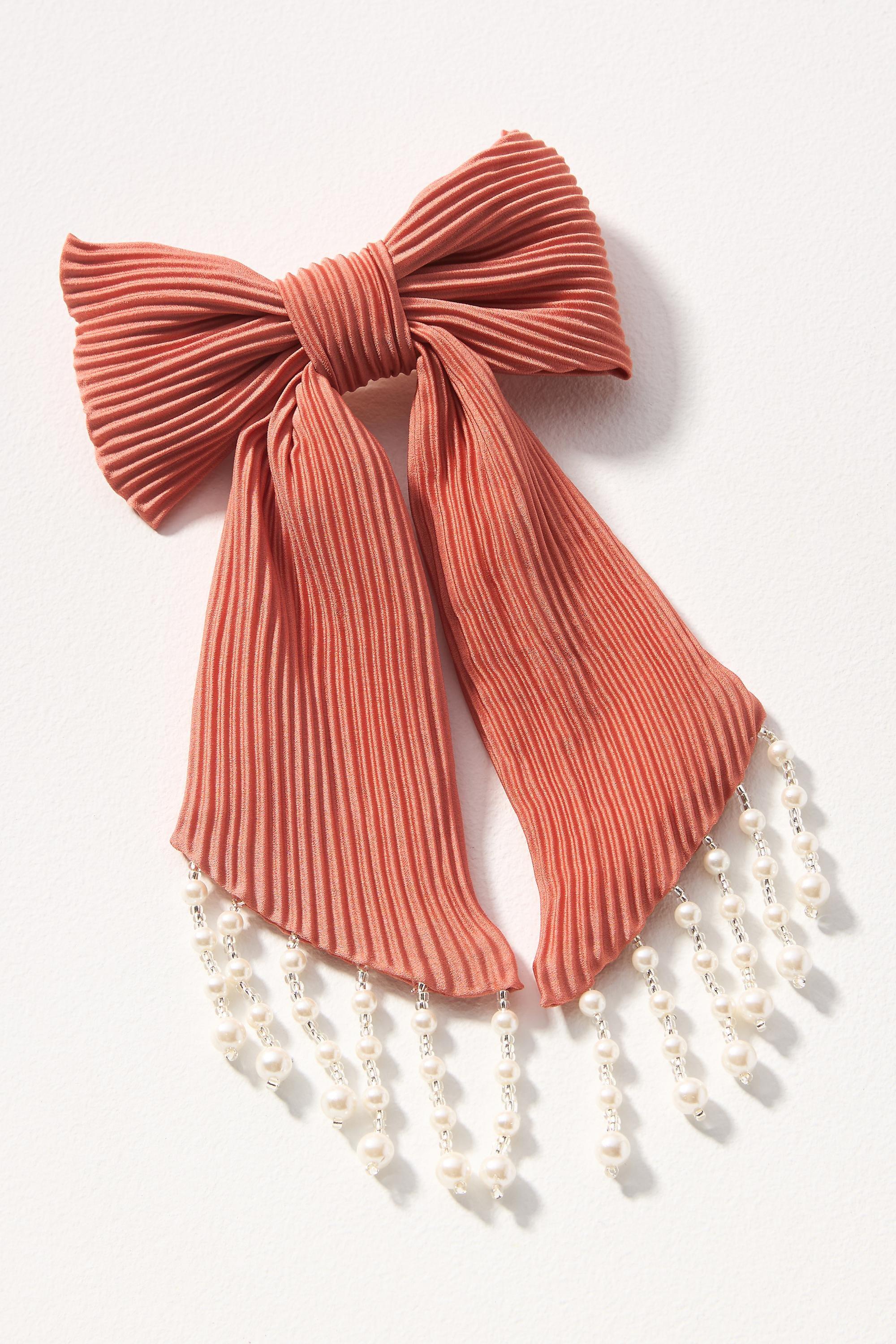 Pearl Fringe Pleated Hair Bow, Pink, A501_0066, large image number 0