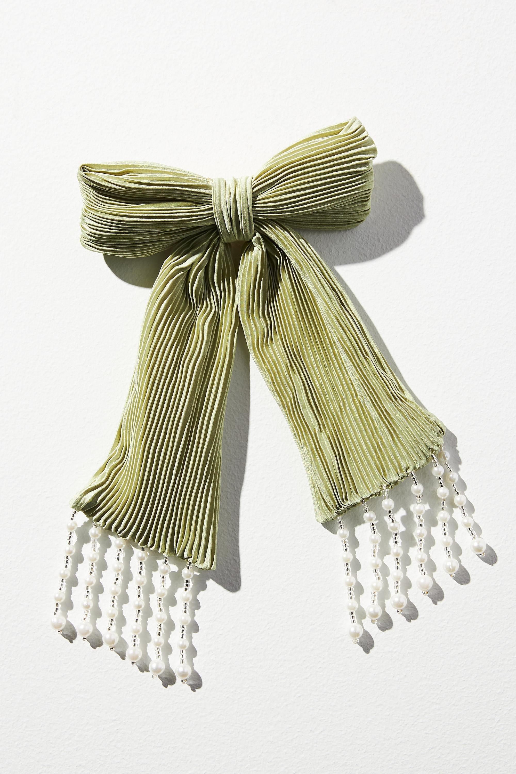 Pearl Fringe Pleated Hair Bow, Green, A501_0102, large image number 0