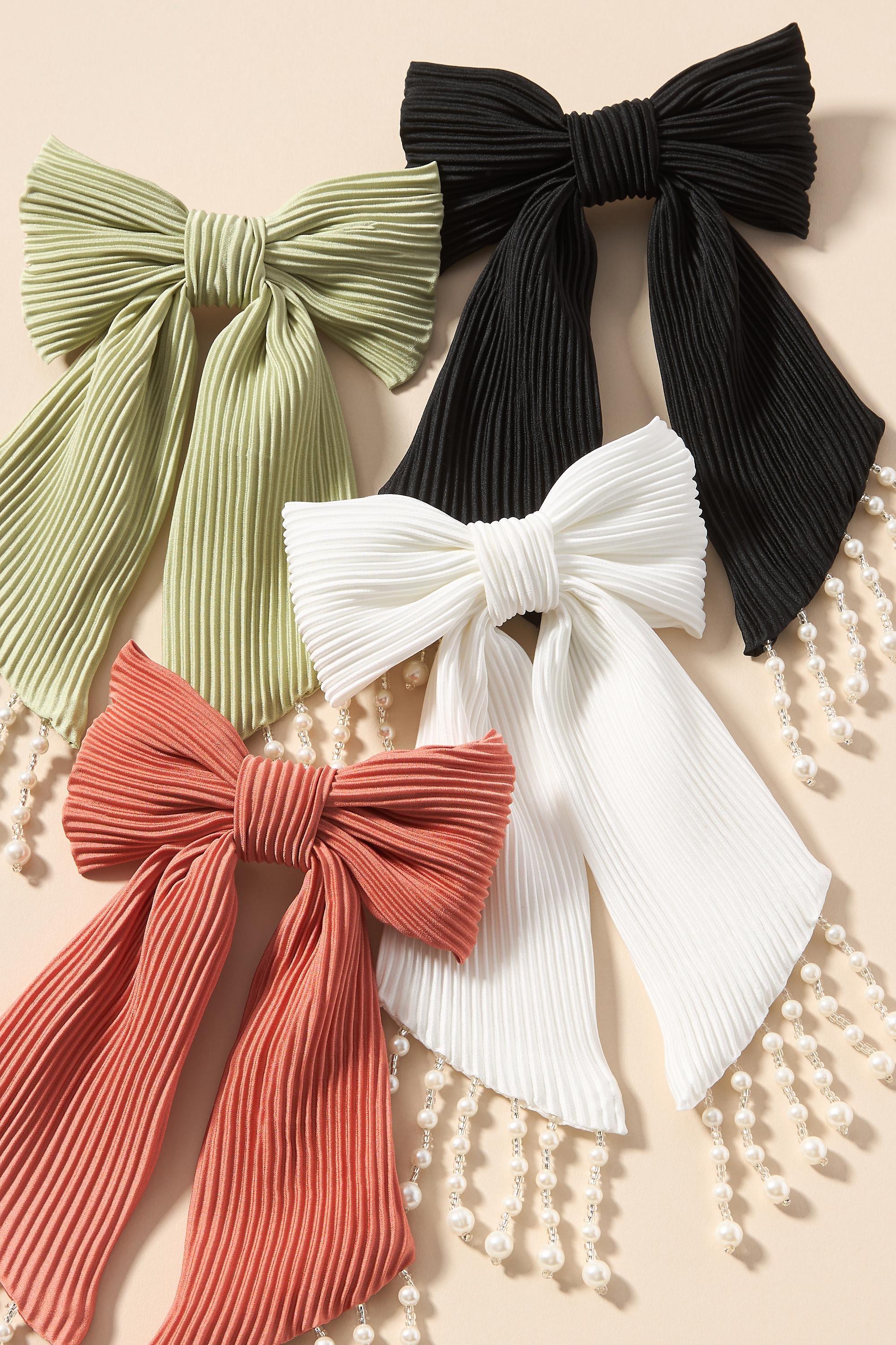 Pearl Fringe Pleated Hair Bow, Green, A501_0102, large image number 1