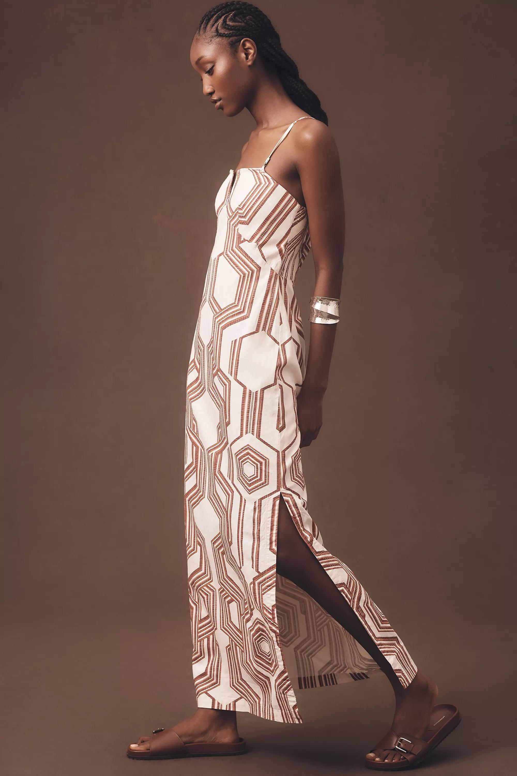 Strapless Linen Plunge-Neck Midi Dress, Multicolour, , large image number 1