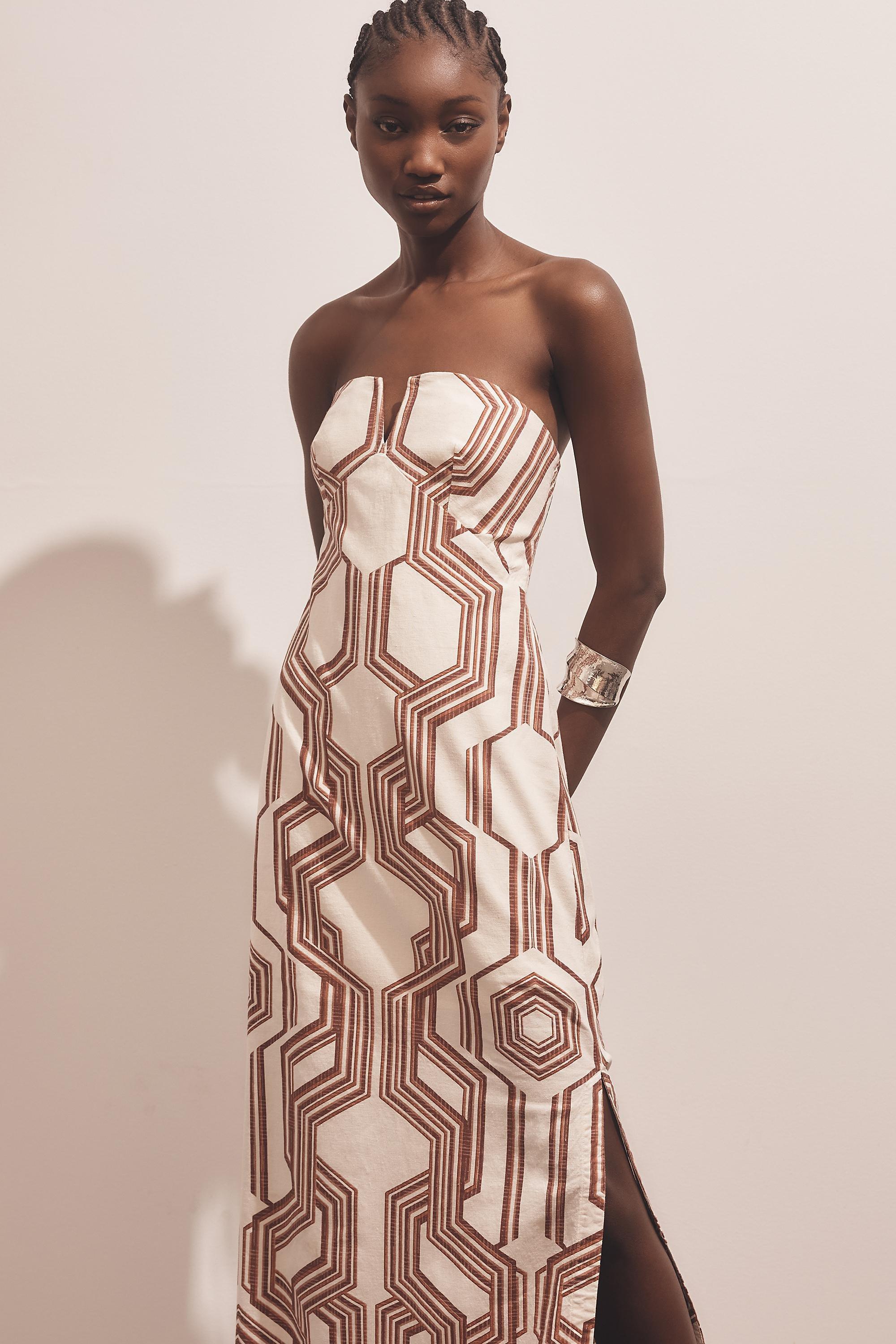Strapless Linen Plunge-Neck Midi Dress, Multicolour, , large image number 3