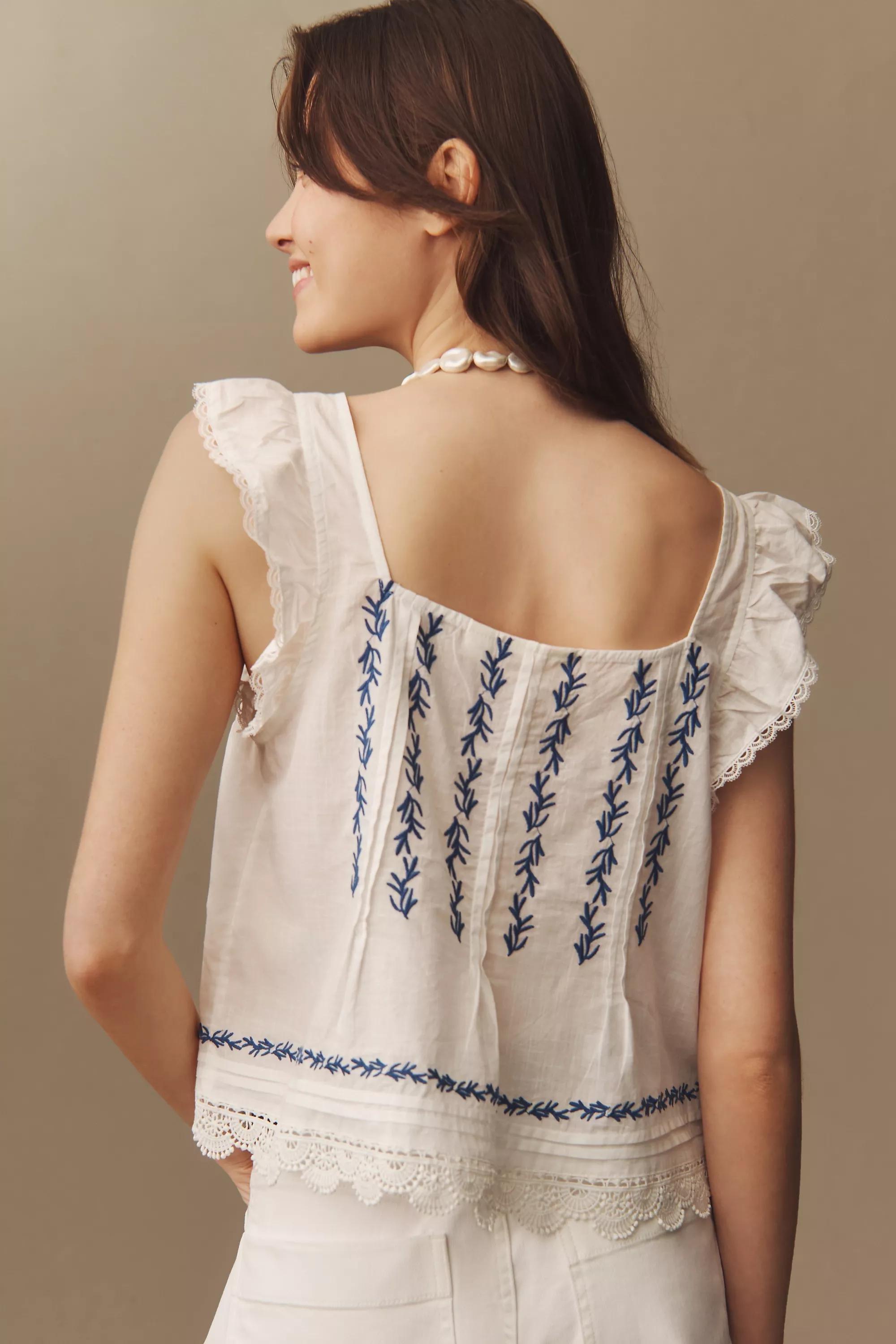 Embroidered Lace Hem Cotton Top, White, A501_0049, large image number 2