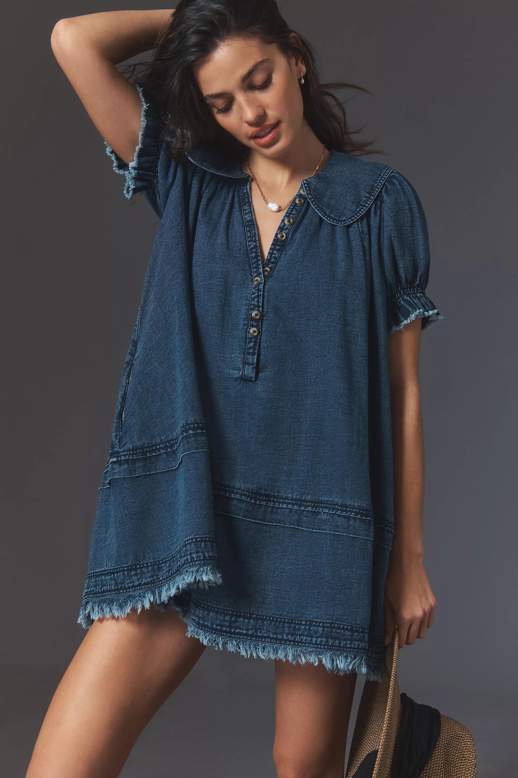 Pilcro Puff-Sleeve Collared Babydoll Mini Dress, Navy, , large image number 0