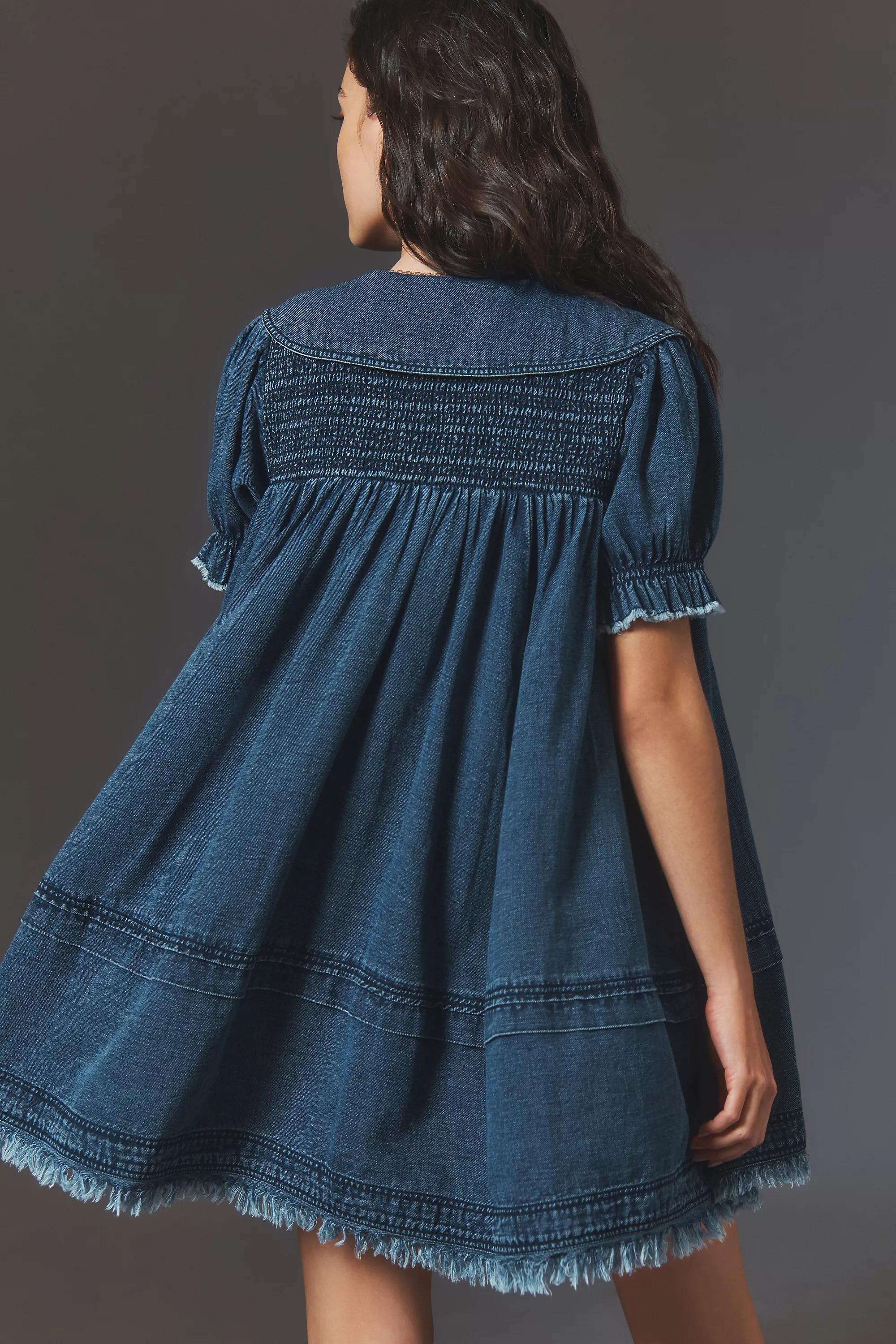 Pilcro Puff-Sleeve Collared Babydoll Mini Dress, Navy, , large image number 1