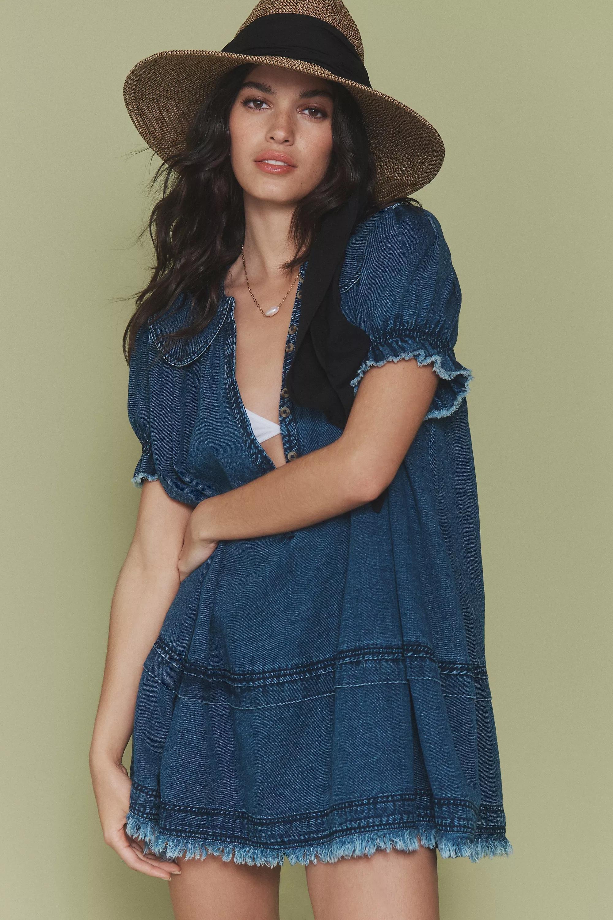 Pilcro Puff-Sleeve Collared Babydoll Mini Dress, Navy, , large image number 3