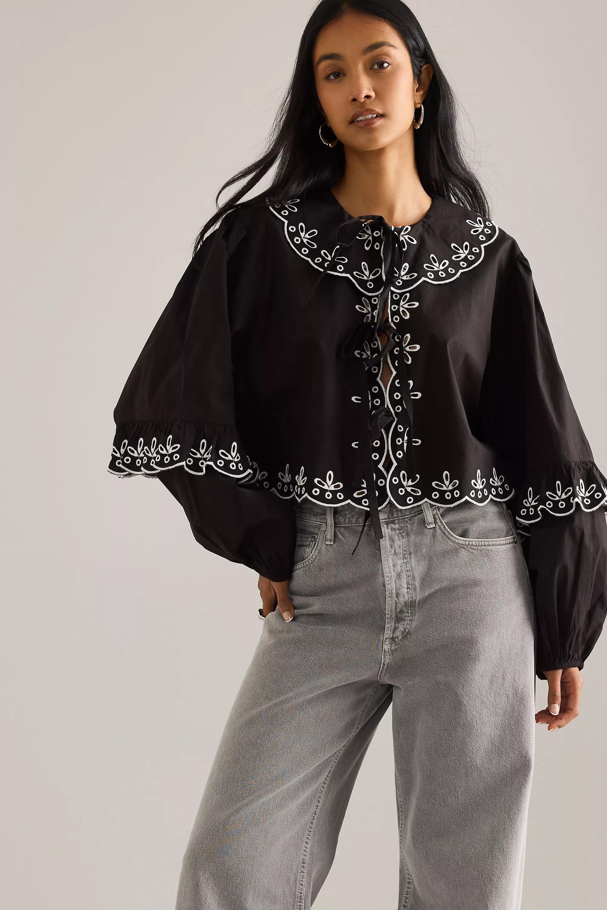 By Anthropologie Long-Sleeve Eyelet Poplin Tie-Front Top, Multicolour, A501_0018, large image number 0