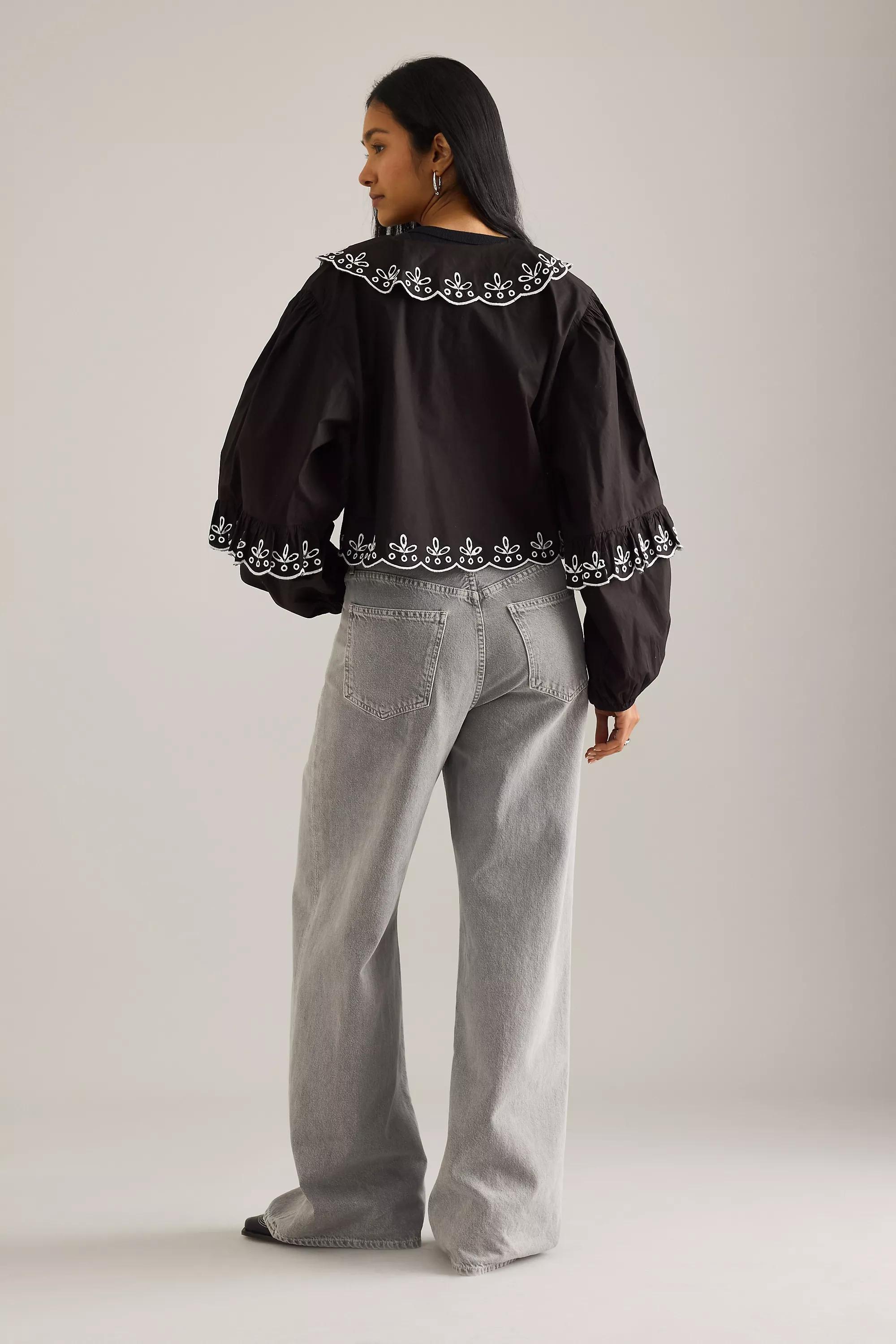 By Anthropologie Long-Sleeve Eyelet Poplin Tie-Front Top, Multicolour, A501_0018, large image number 1