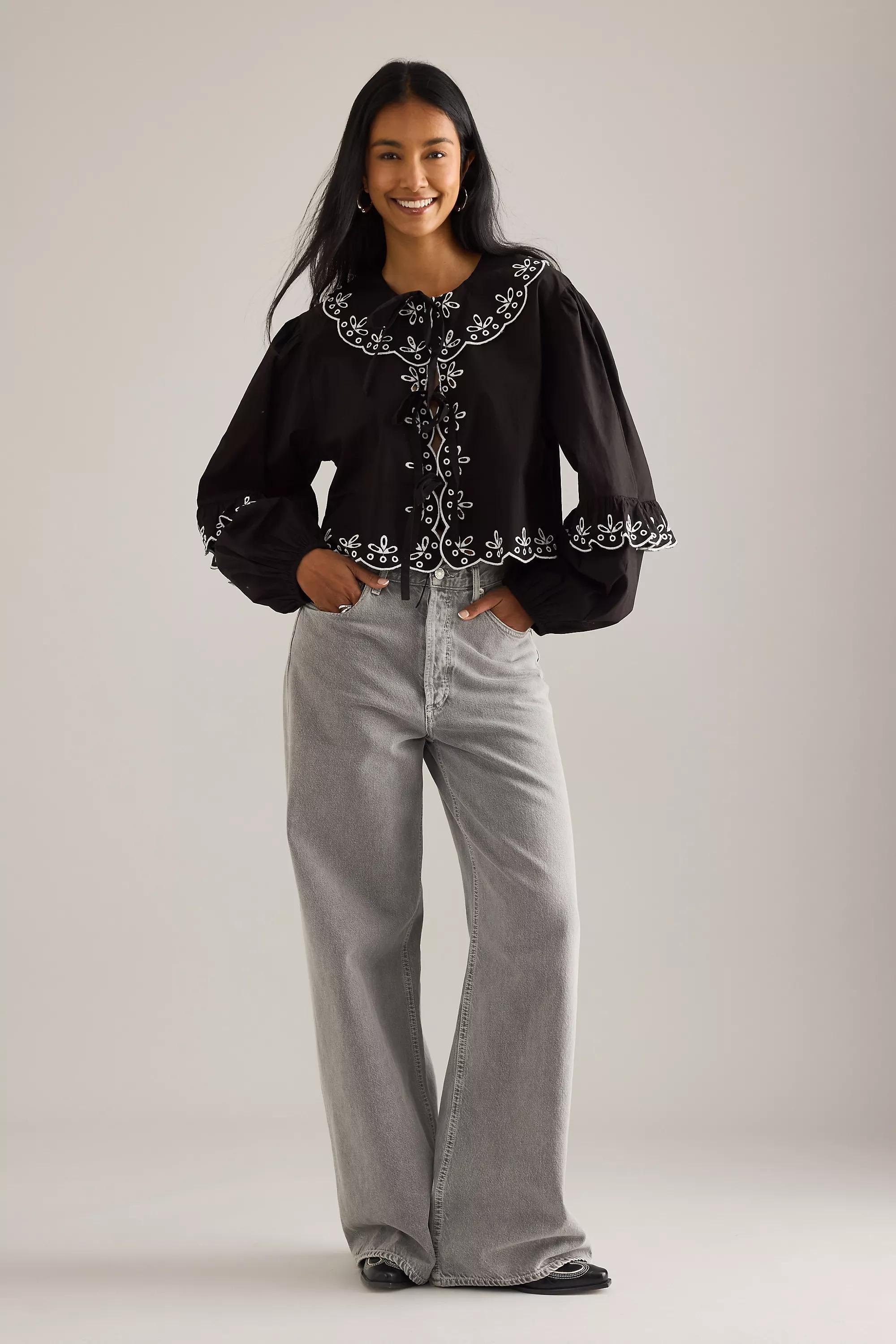 By Anthropologie Long-Sleeve Eyelet Poplin Tie-Front Top, Multicolour, A501_0018, large image number 2