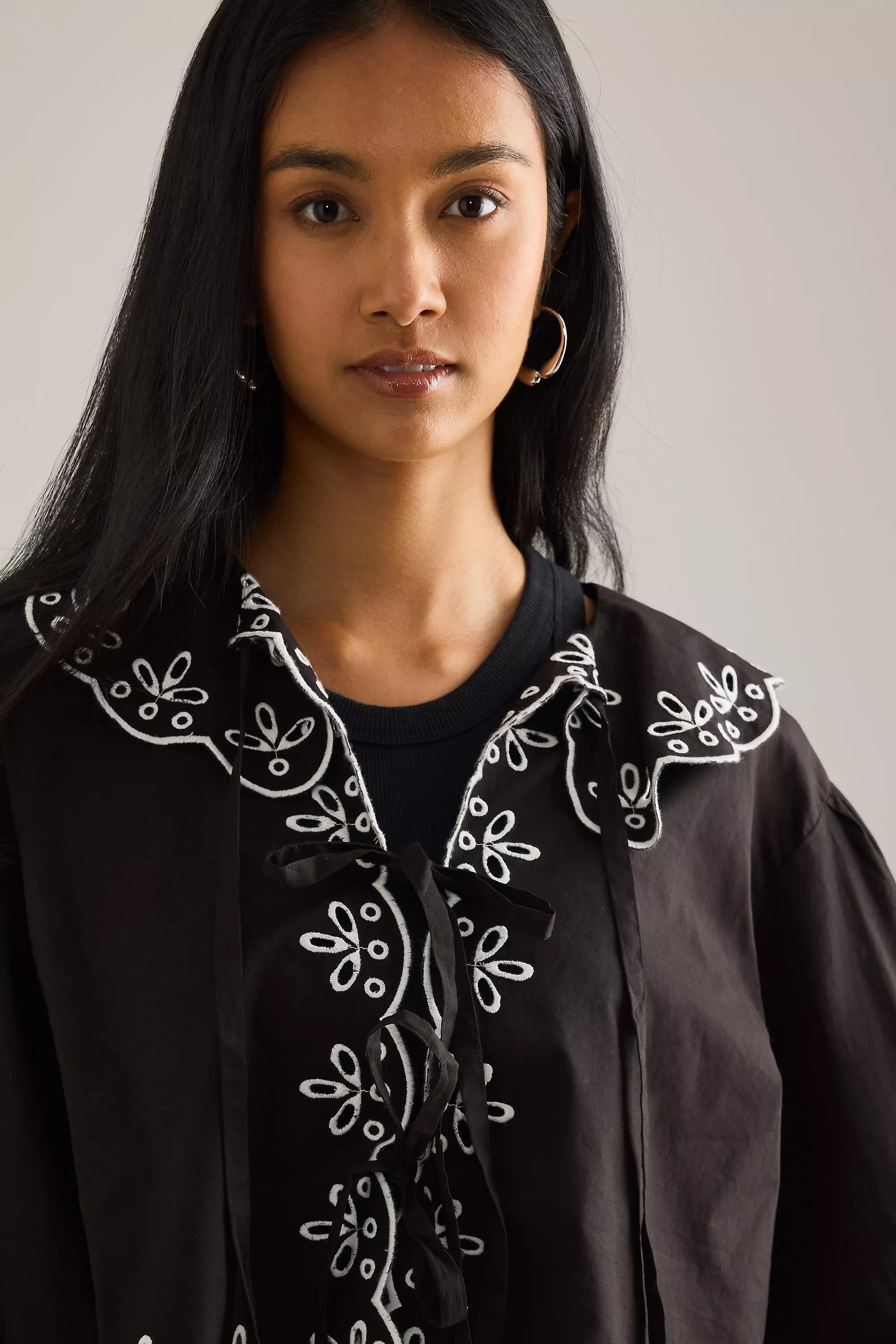 By Anthropologie Long-Sleeve Eyelet Poplin Tie-Front Top, Multicolour, A501_0018, large image number 3