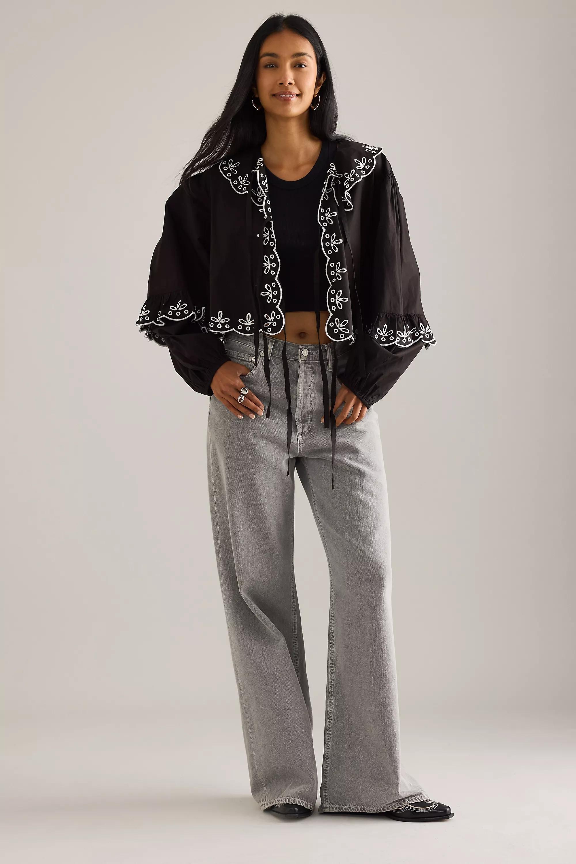 By Anthropologie Long-Sleeve Eyelet Poplin Tie-Front Top, Multicolour, A501_0018, large image number 4