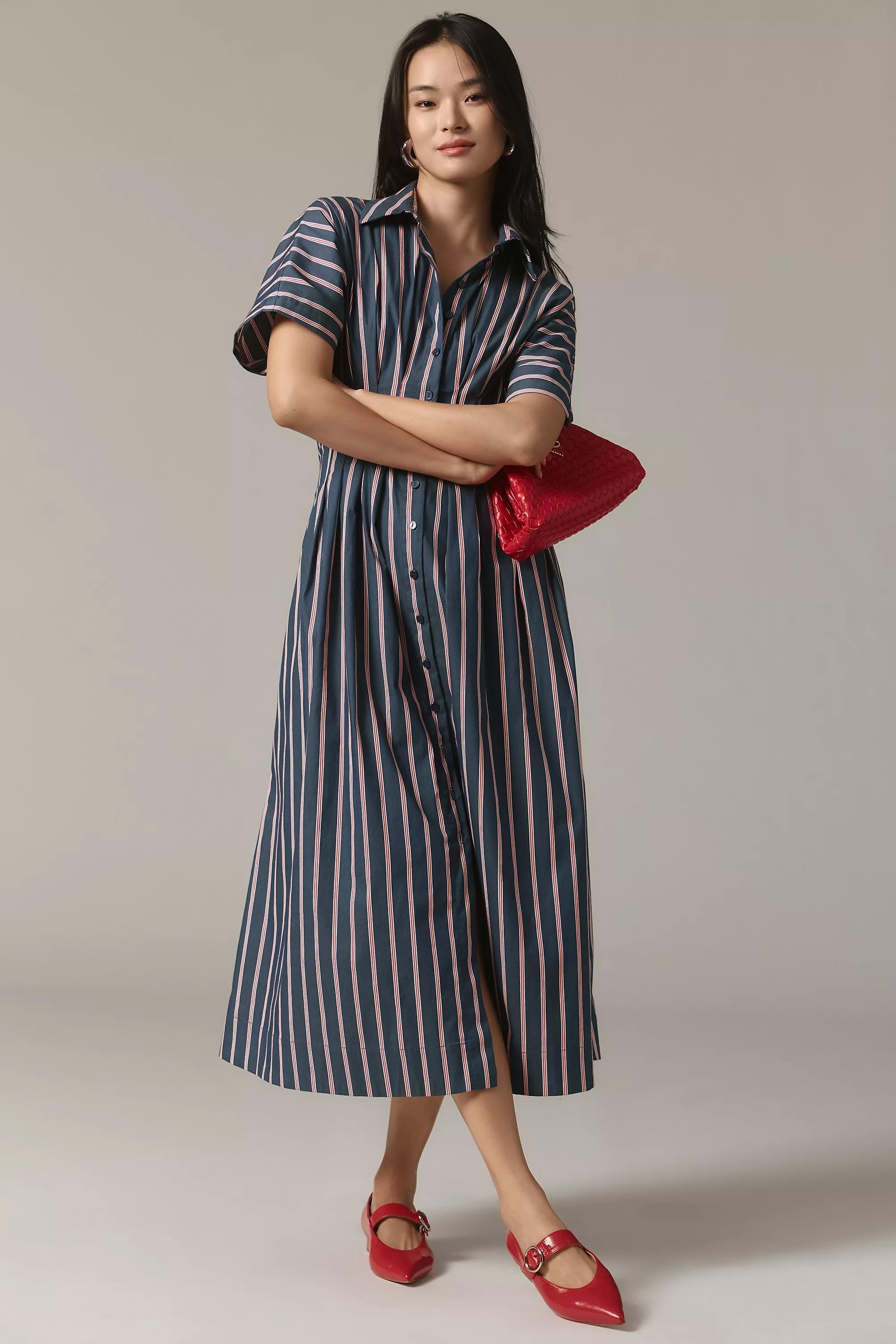 Anthropologie Striped Shirt Dress, Navy, , medium