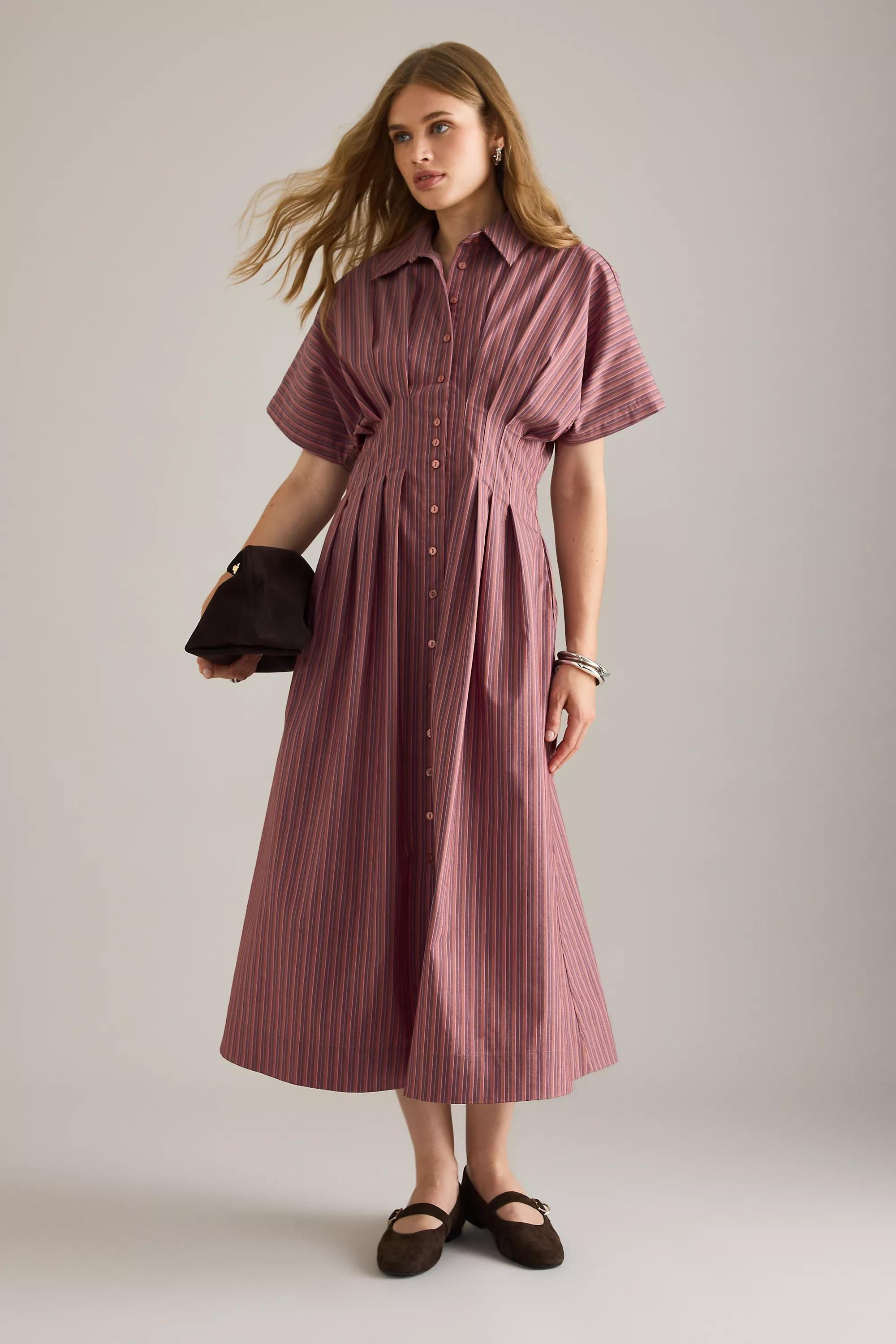 By Exquise The Tobie Button-Front Pleated Shirt Dress, Purple, A501_0553, medium