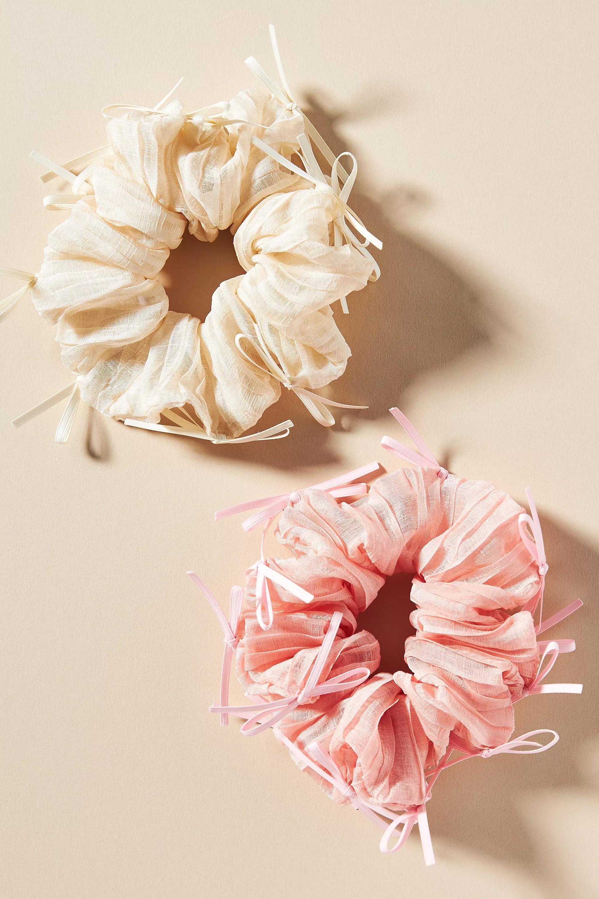 Bow-Trimmed Hair Scrunchies, Set Of 2, Pink, A501_0266, medium