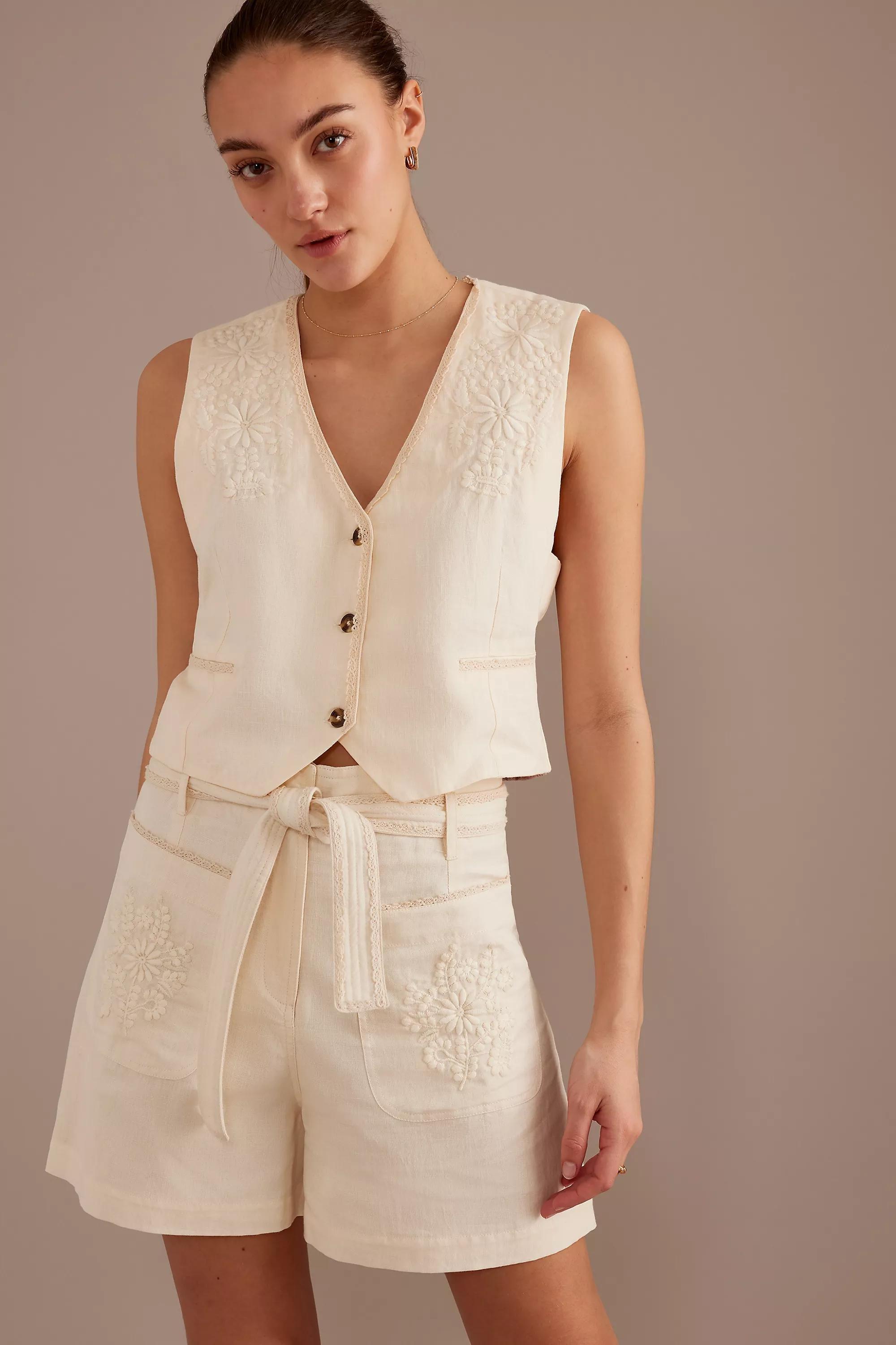 Louise Misha Rhea Embroidered Shorts, Cream, , large image number 0