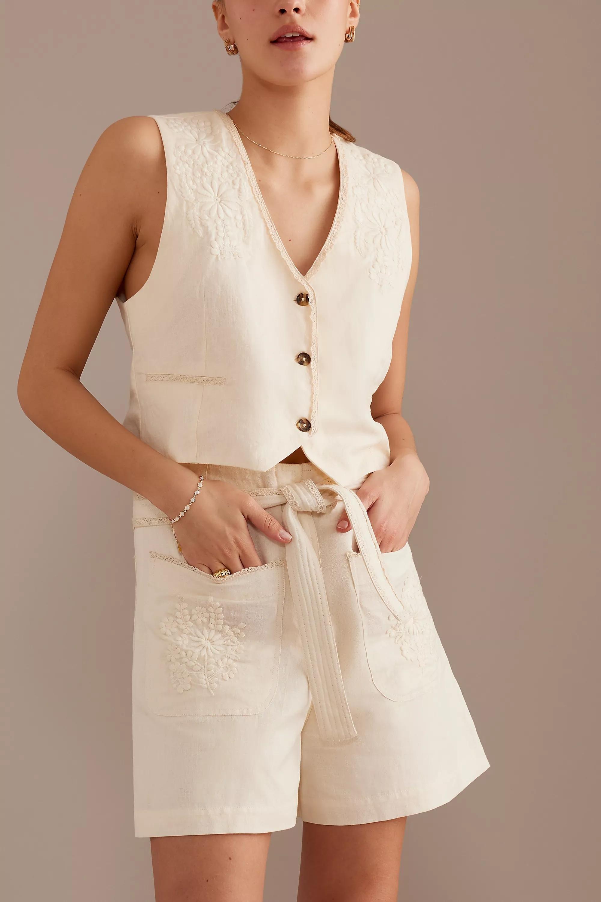 Louise Misha Rhea Embroidered Shorts, Cream, , large image number 4