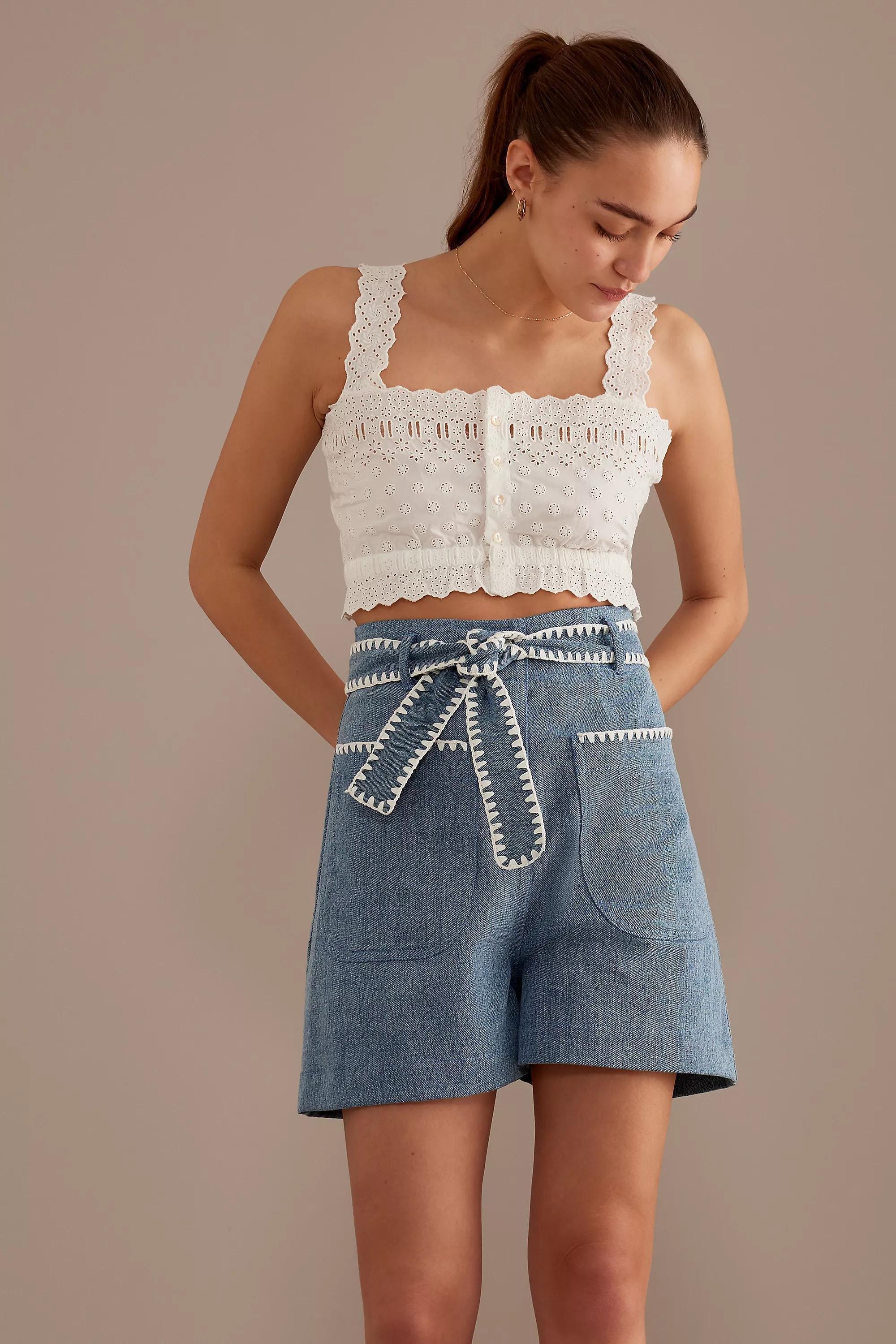 Louise Misha Virgin Embroidered High-Waisted Shorts, Blue, , large image number 2