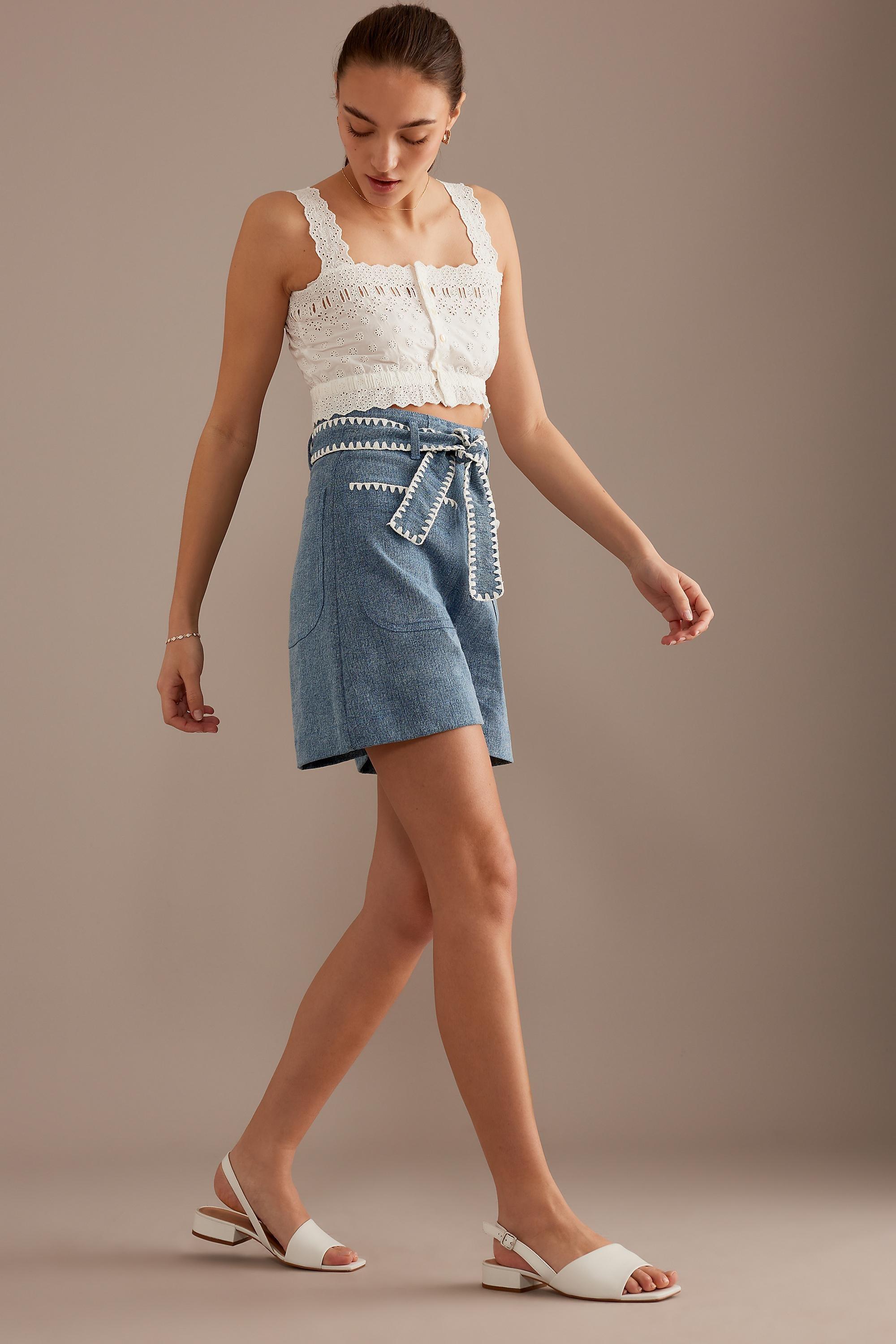 Louise Misha Virgin Embroidered High-Waisted Shorts, Blue, , large image number 5