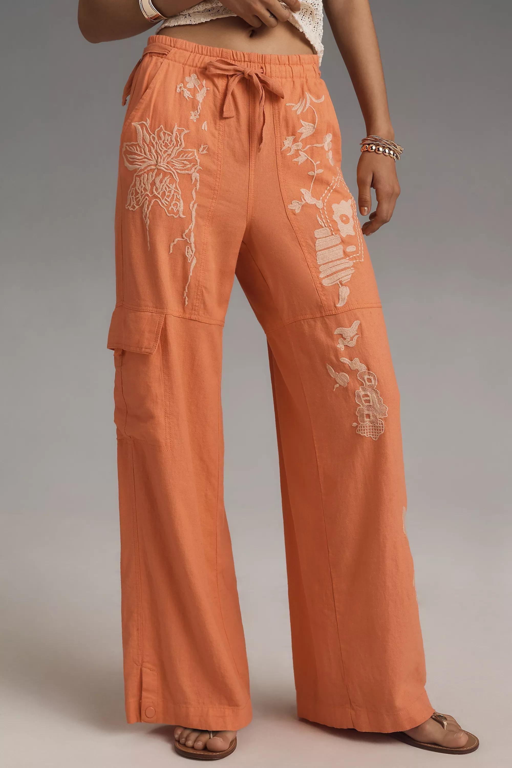 Pilcro Embroidered Linen Cargo Pants, Red, , large image number 1