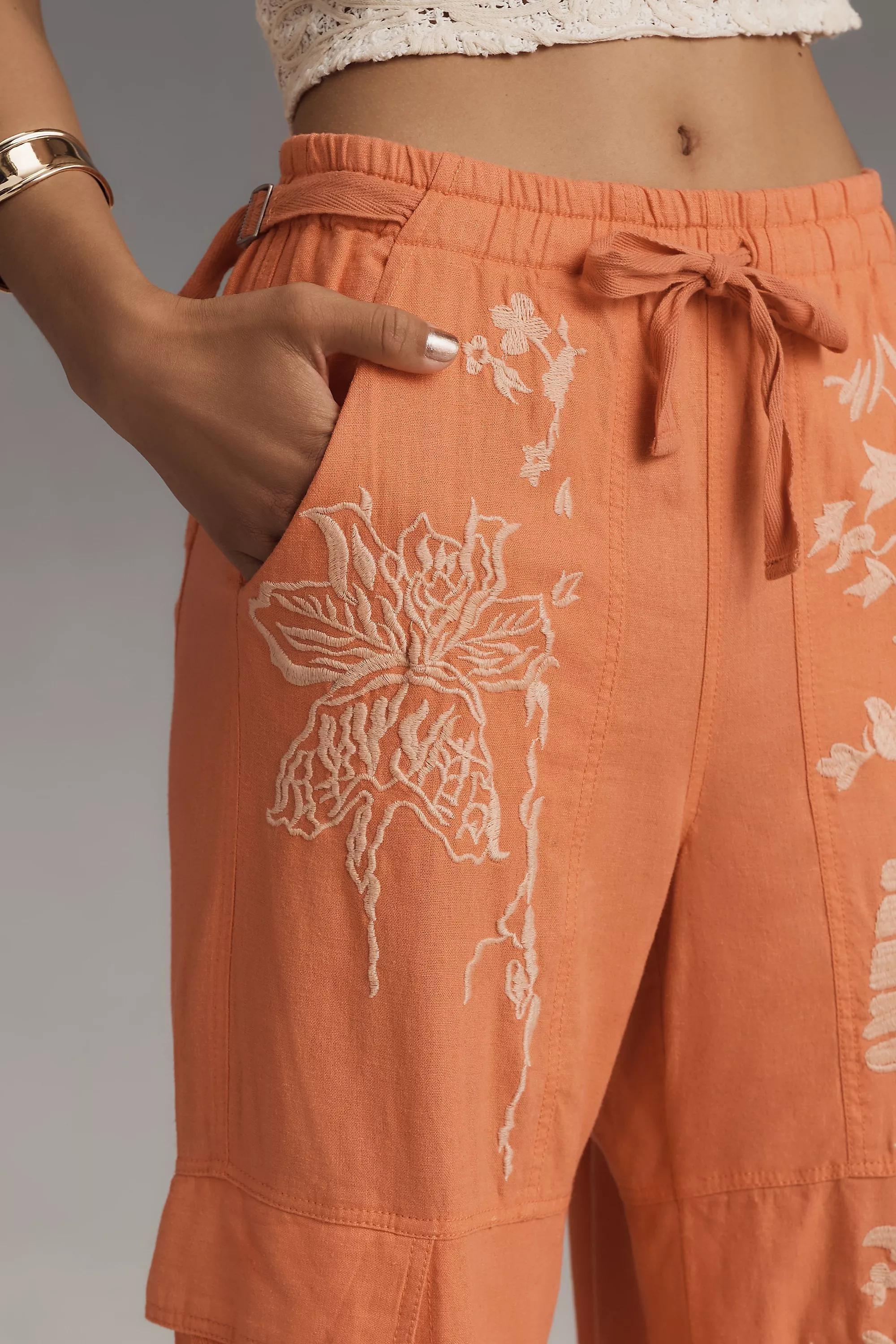 Pilcro Embroidered Linen Cargo Pants, Red, , large image number 3