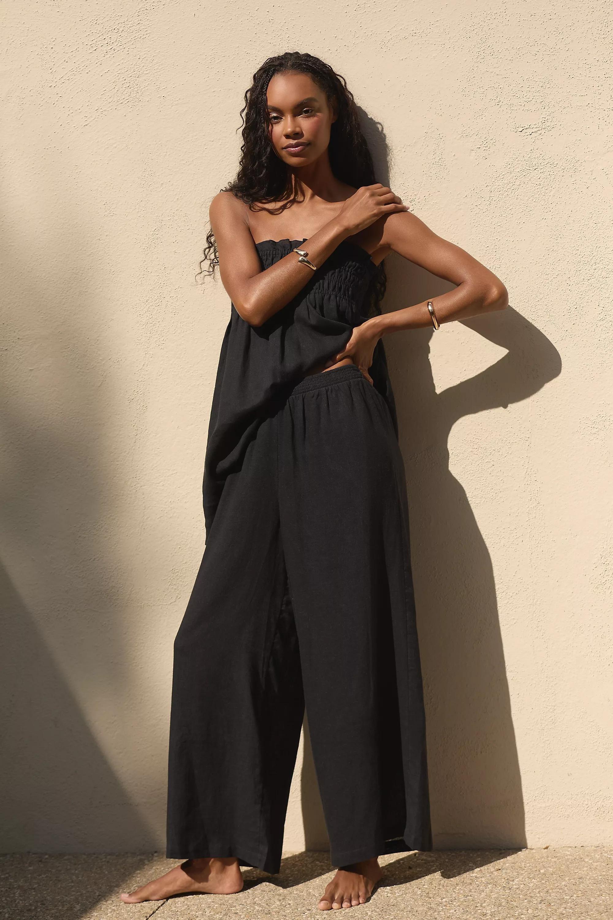 The Aubrey Smocked Linen Pants, Black, , large image number 1
