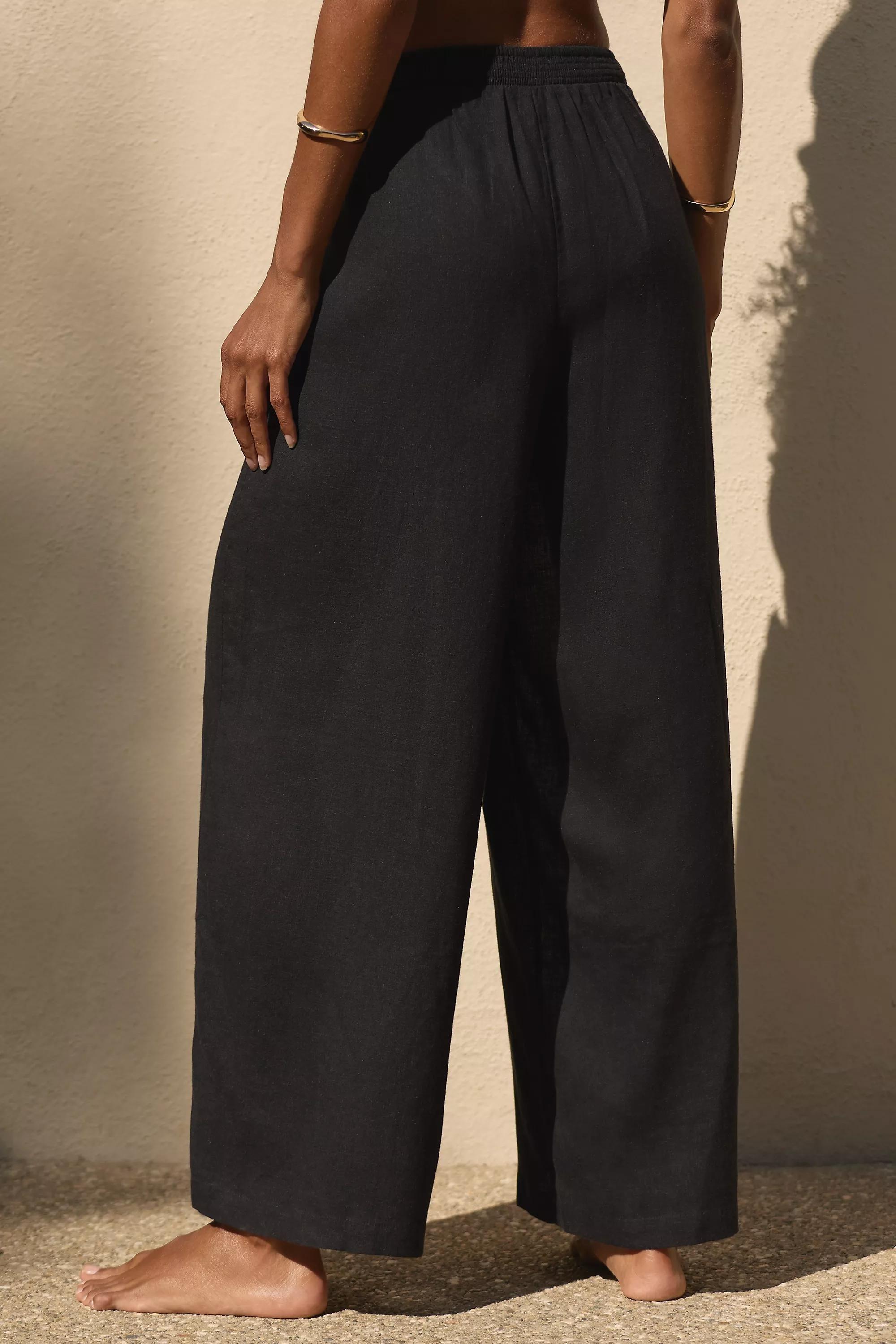 The Aubrey Smocked Linen Pants, Black, , large image number 4