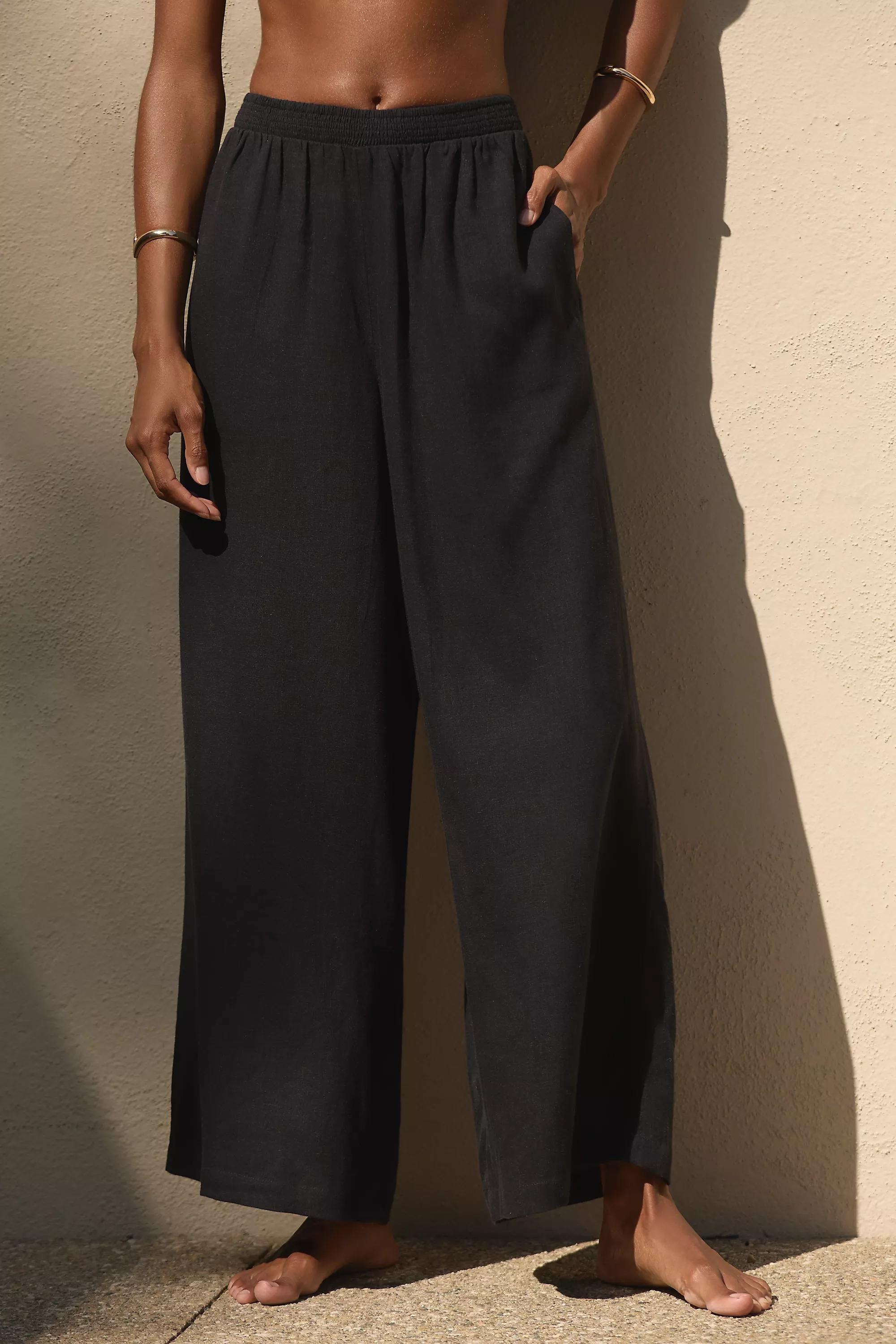 The Aubrey Smocked Linen Pants, Black, , large image number 5