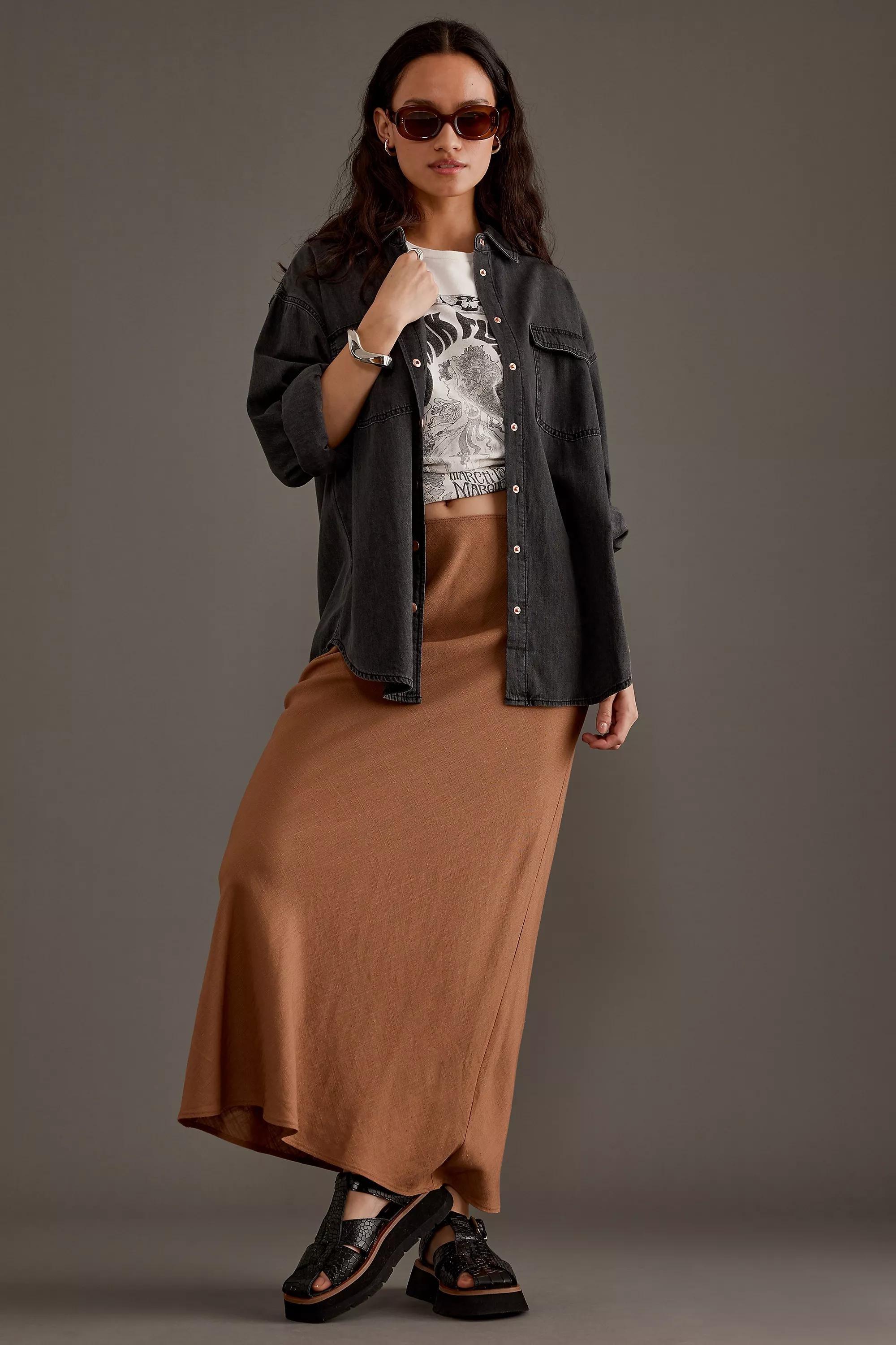 Linen-Blend Bias Maxi Skirt, Brown, , large image number 0