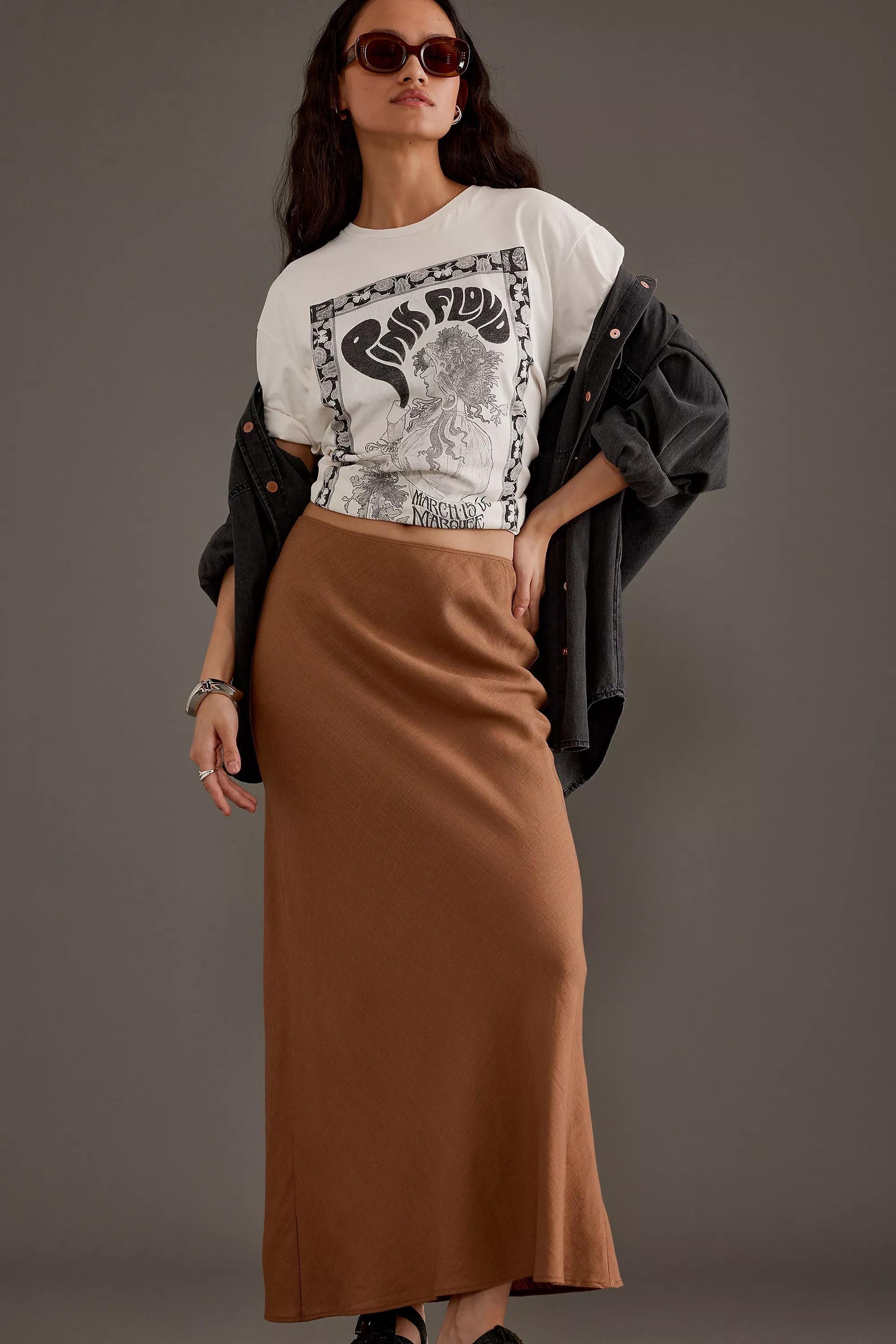 Linen-Blend Bias Maxi Skirt, Brown, , large image number 1