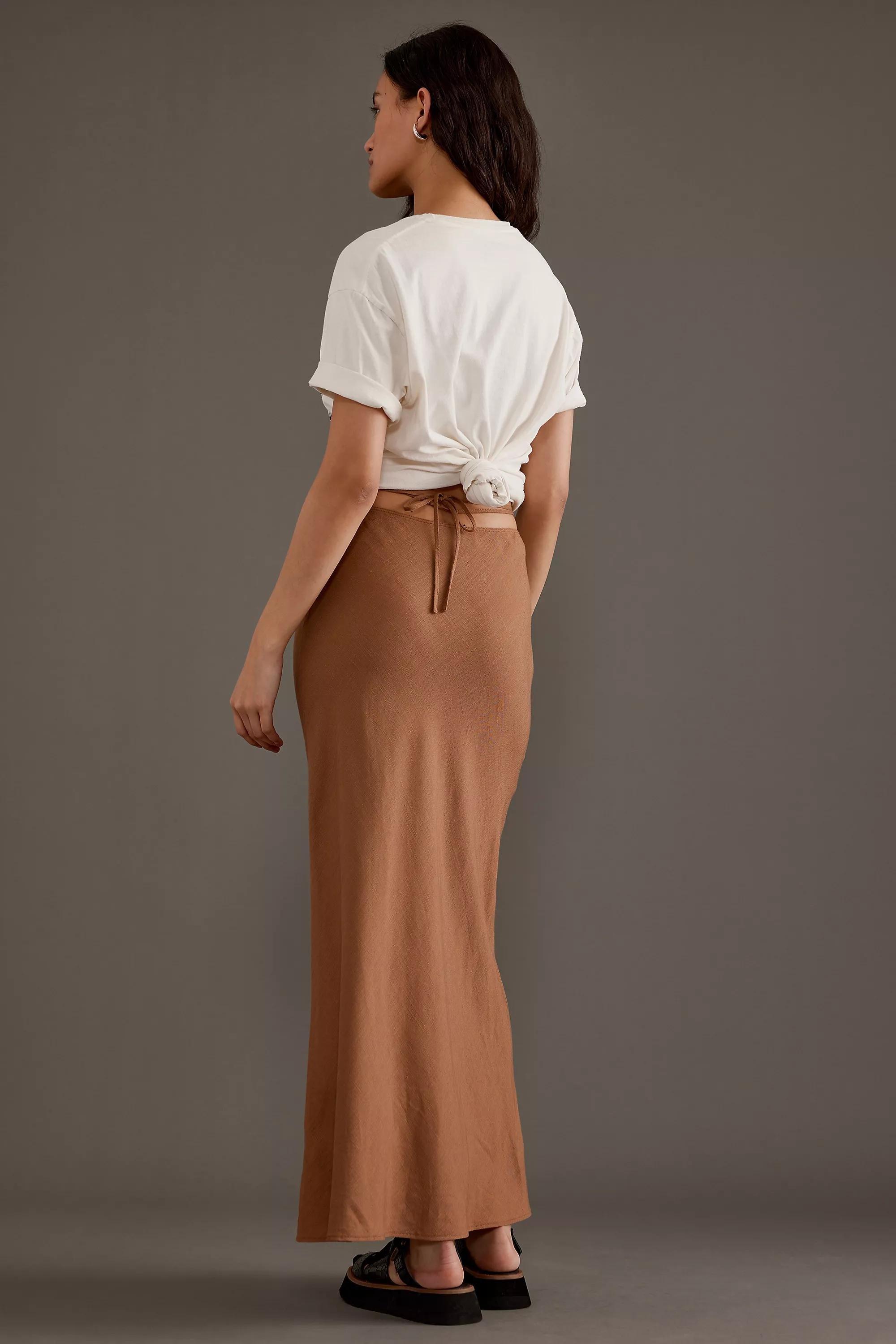 Linen-Blend Bias Maxi Skirt, Brown, , large image number 3