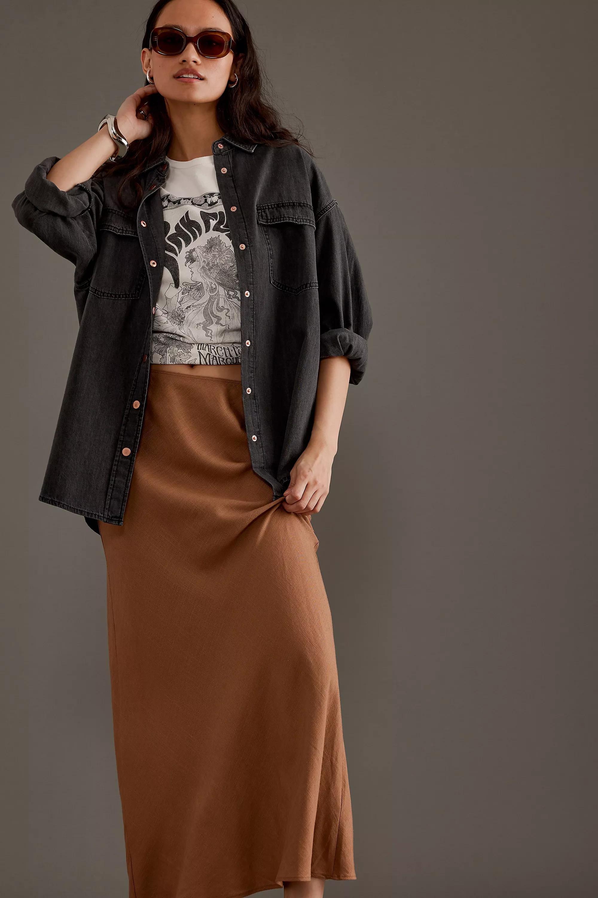 Linen-Blend Bias Maxi Skirt, Brown, A501_0021, large image number 5