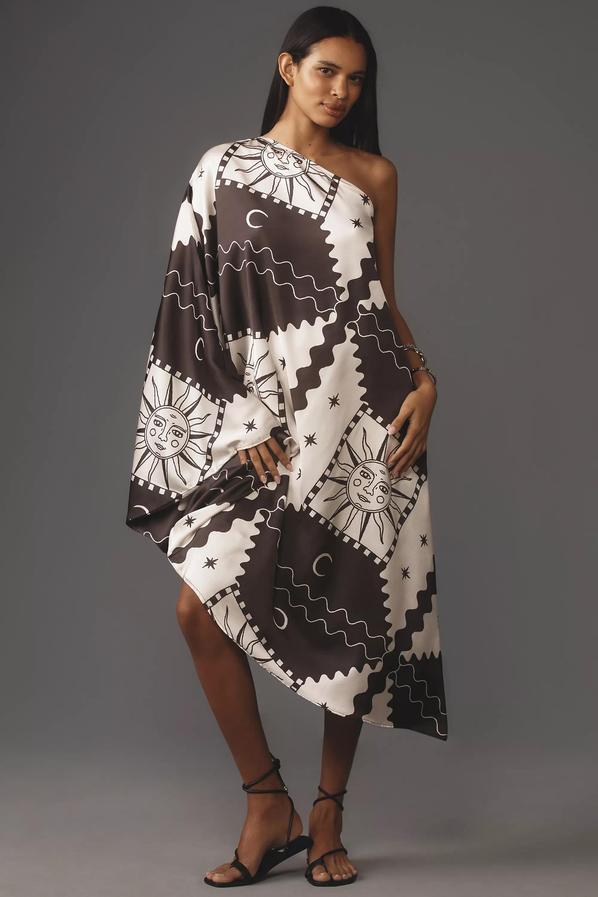 Tigre Indigo Silky One-Shoulder Kaftan, Black, A501_0009, medium