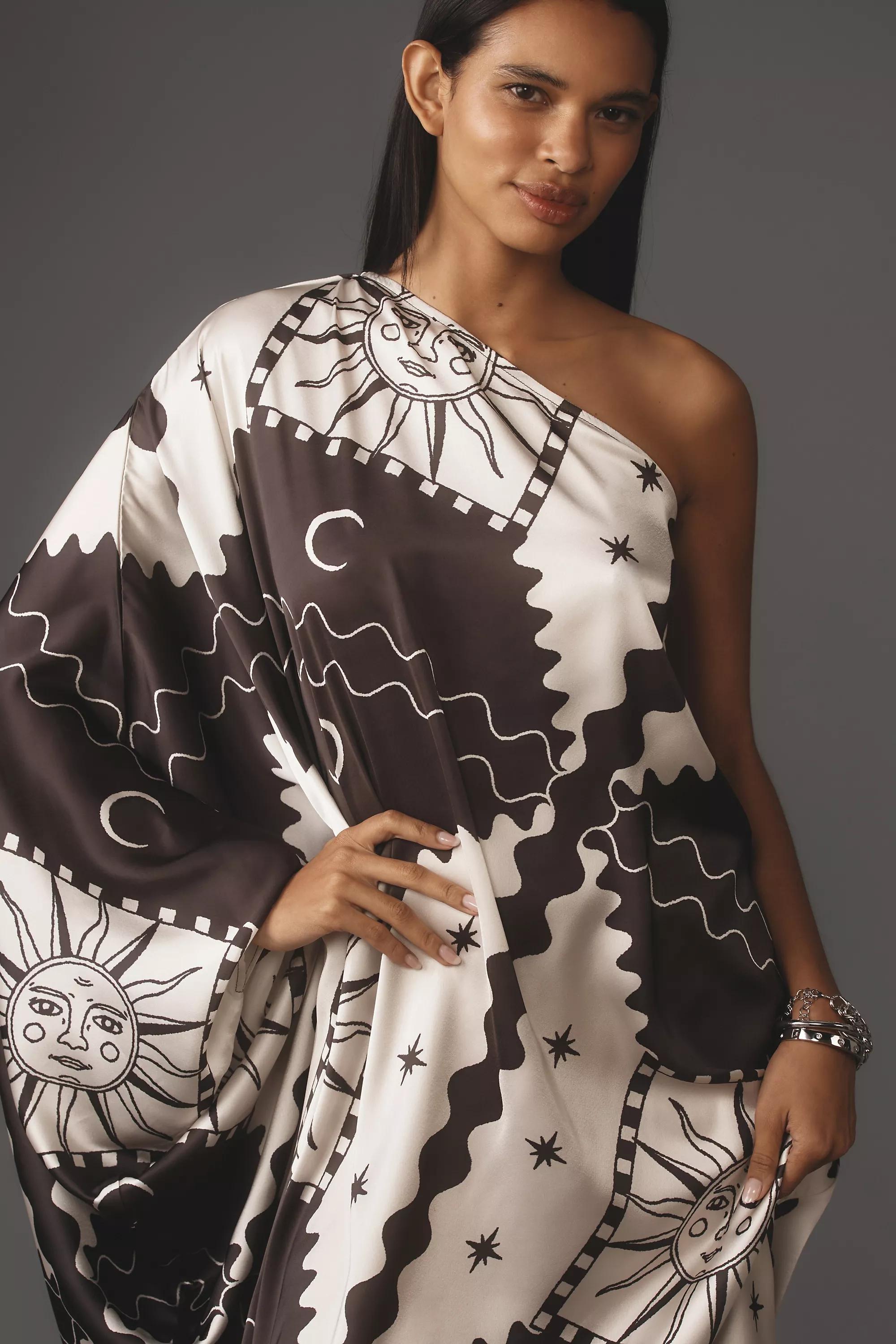 Tigre Indigo Silky One-Shoulder Kaftan, Black, A501_0009, medium