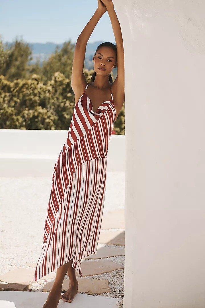 Anthropologie Striped Slip Midi, Maroon, , large image number 0