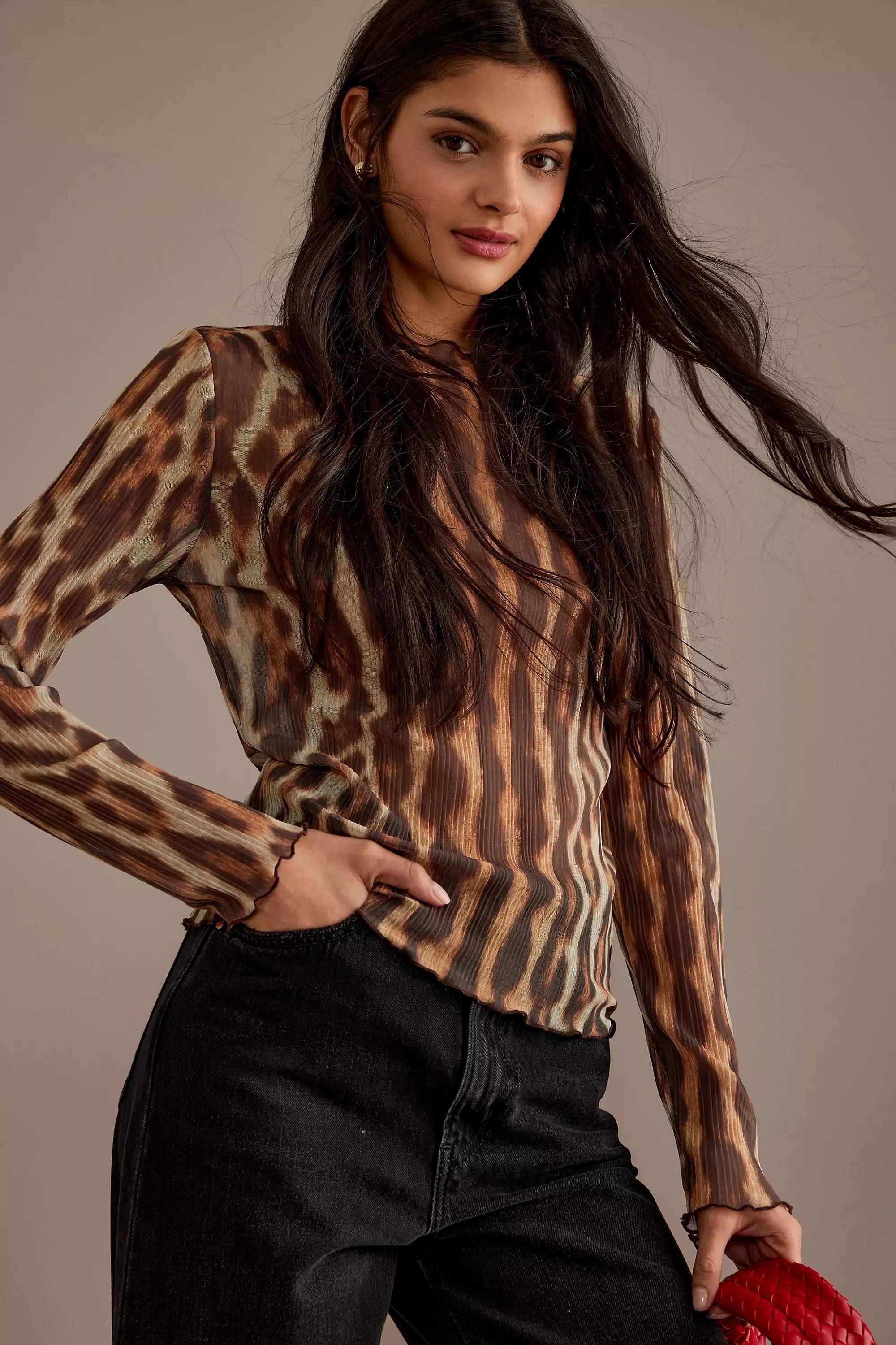 Leopard Plisse Mesh Long-Sleeve Top, Multicolour, , large image number 0