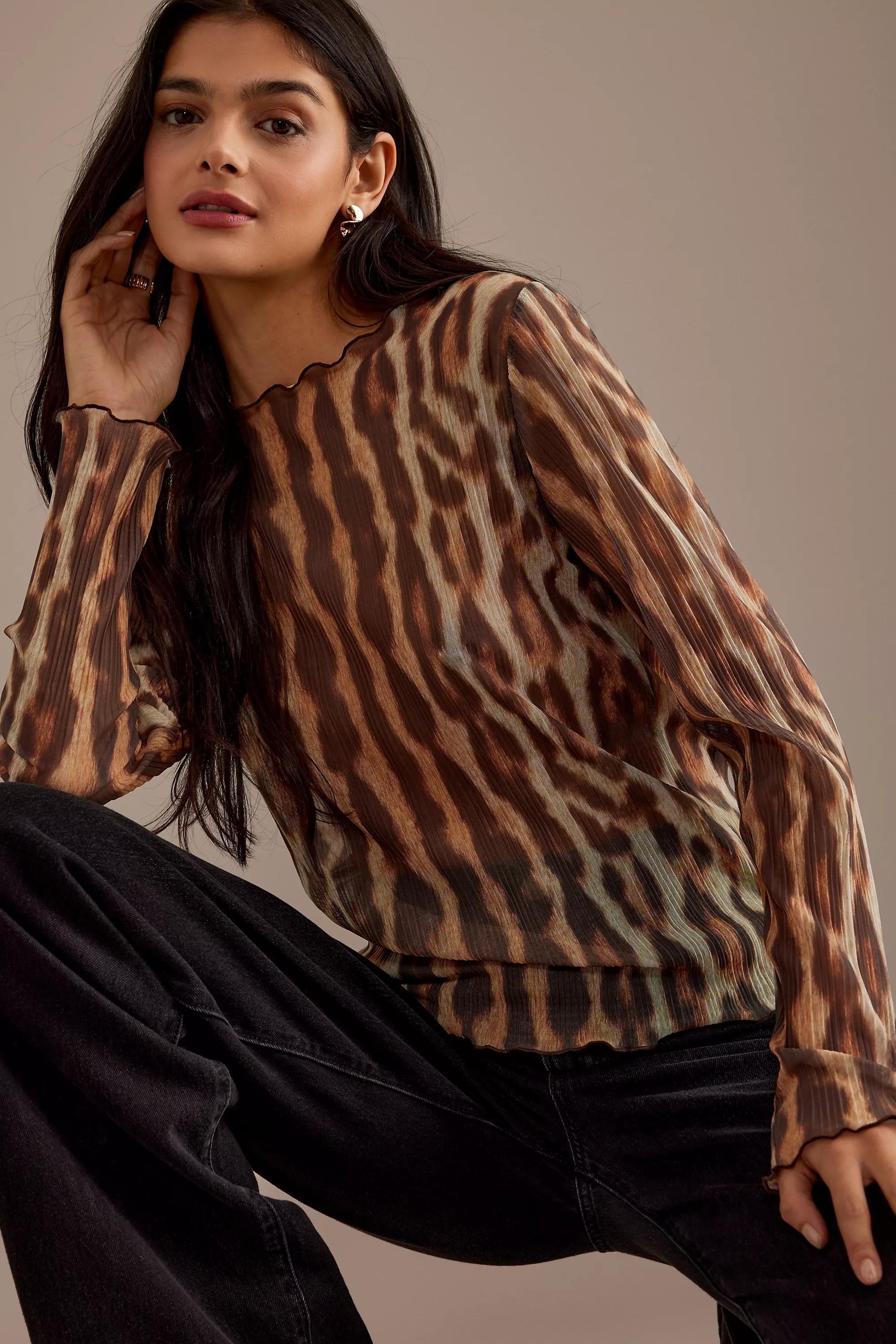 Leopard Plisse Mesh Long-Sleeve Top, Multicolour, , large image number 1