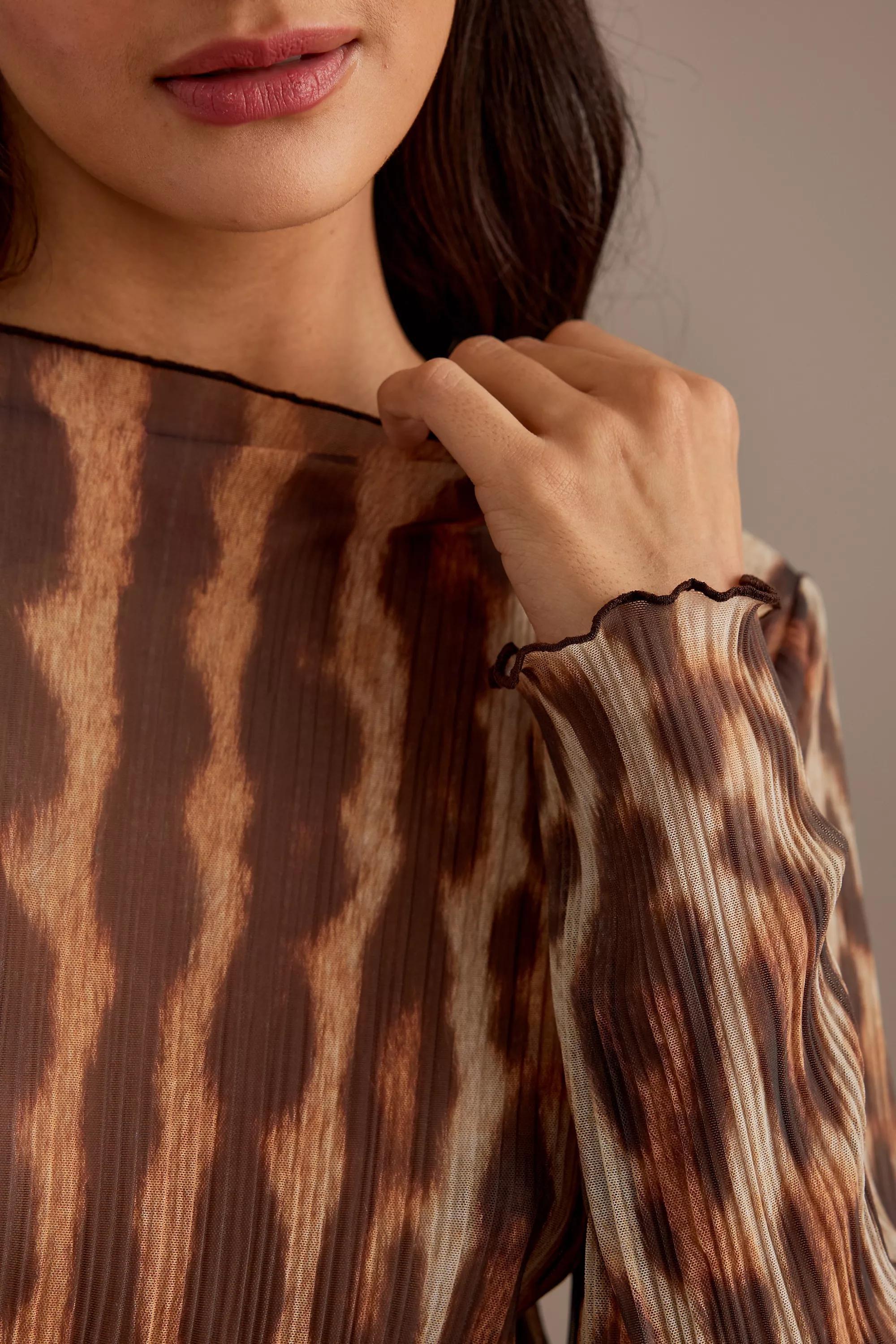Leopard Plisse Mesh Long-Sleeve Top, Multicolour, , large image number 2