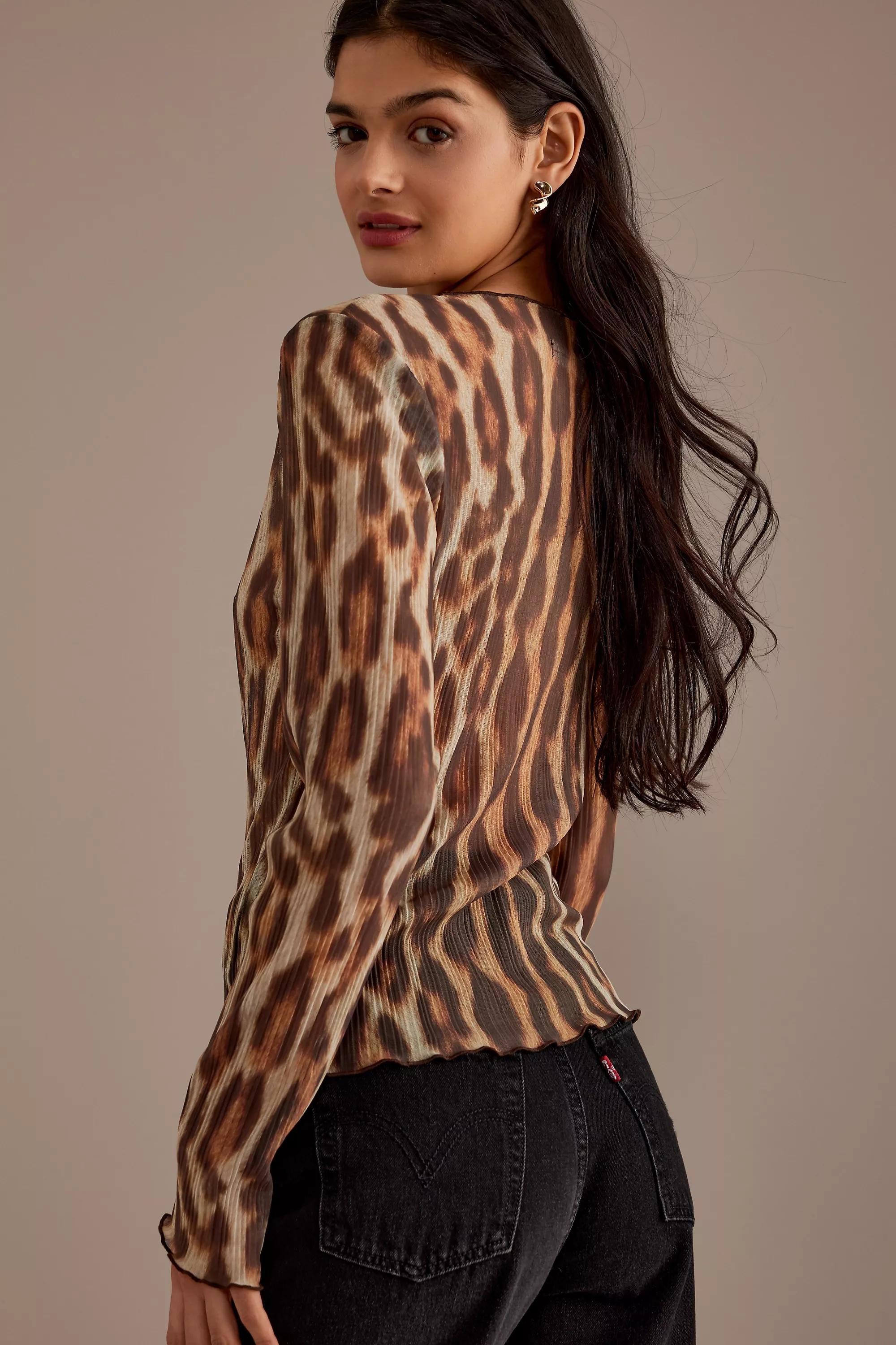 Leopard Plisse Mesh Long-Sleeve Top, Multicolour, , large image number 3